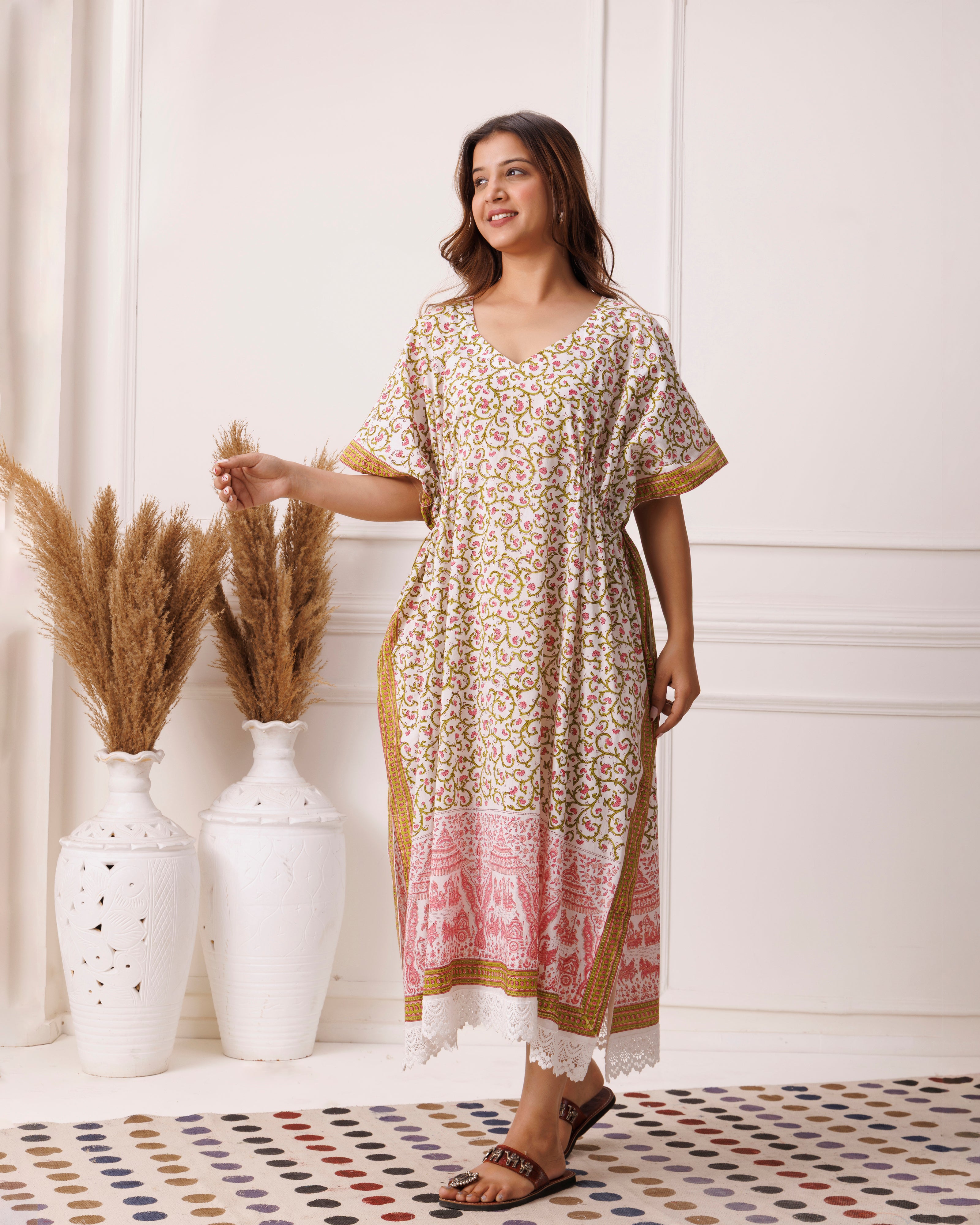 Green floral handblock printed cotton kaftan