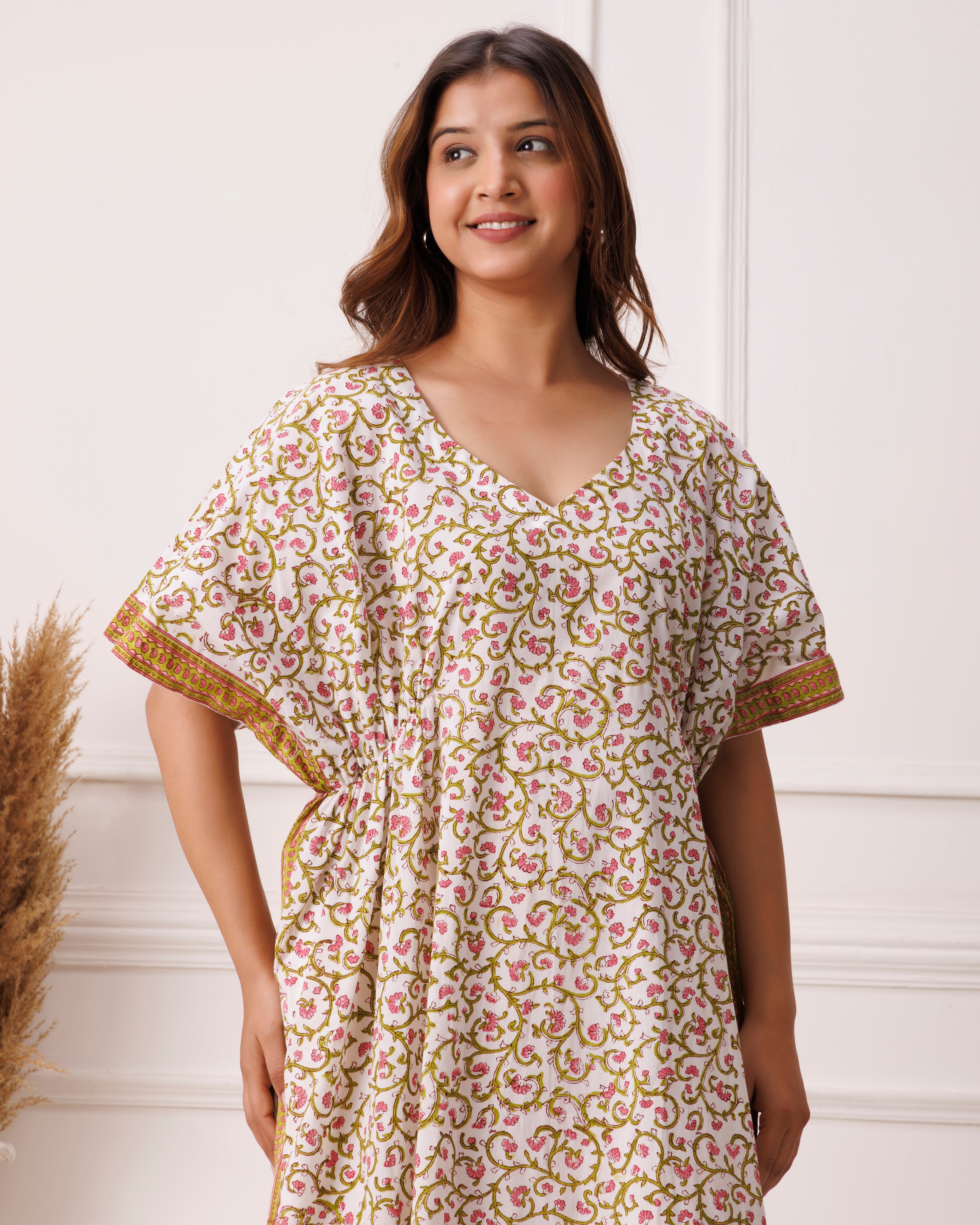 Green floral handblock printed cotton kaftan