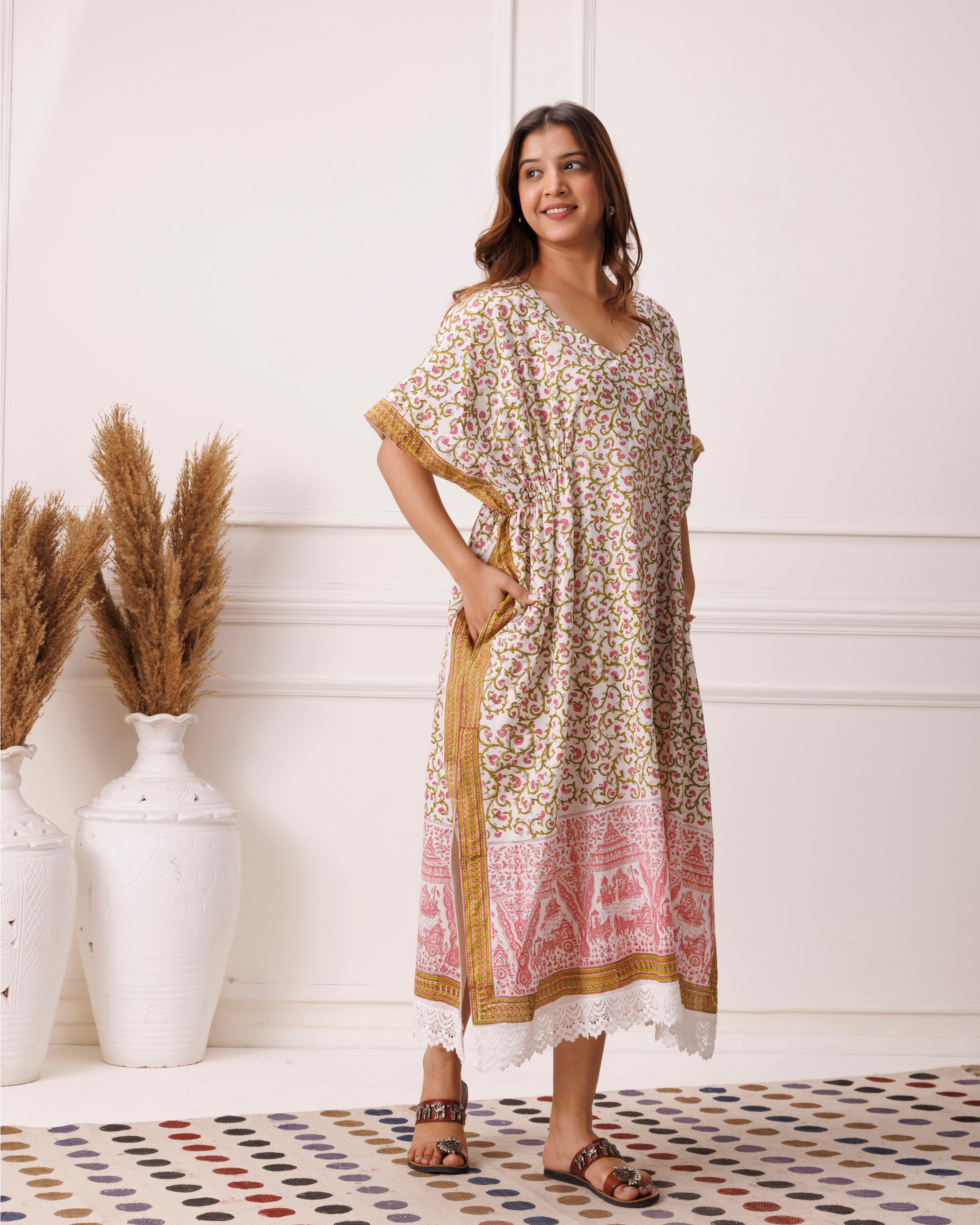 Green floral handblock printed cotton kaftan