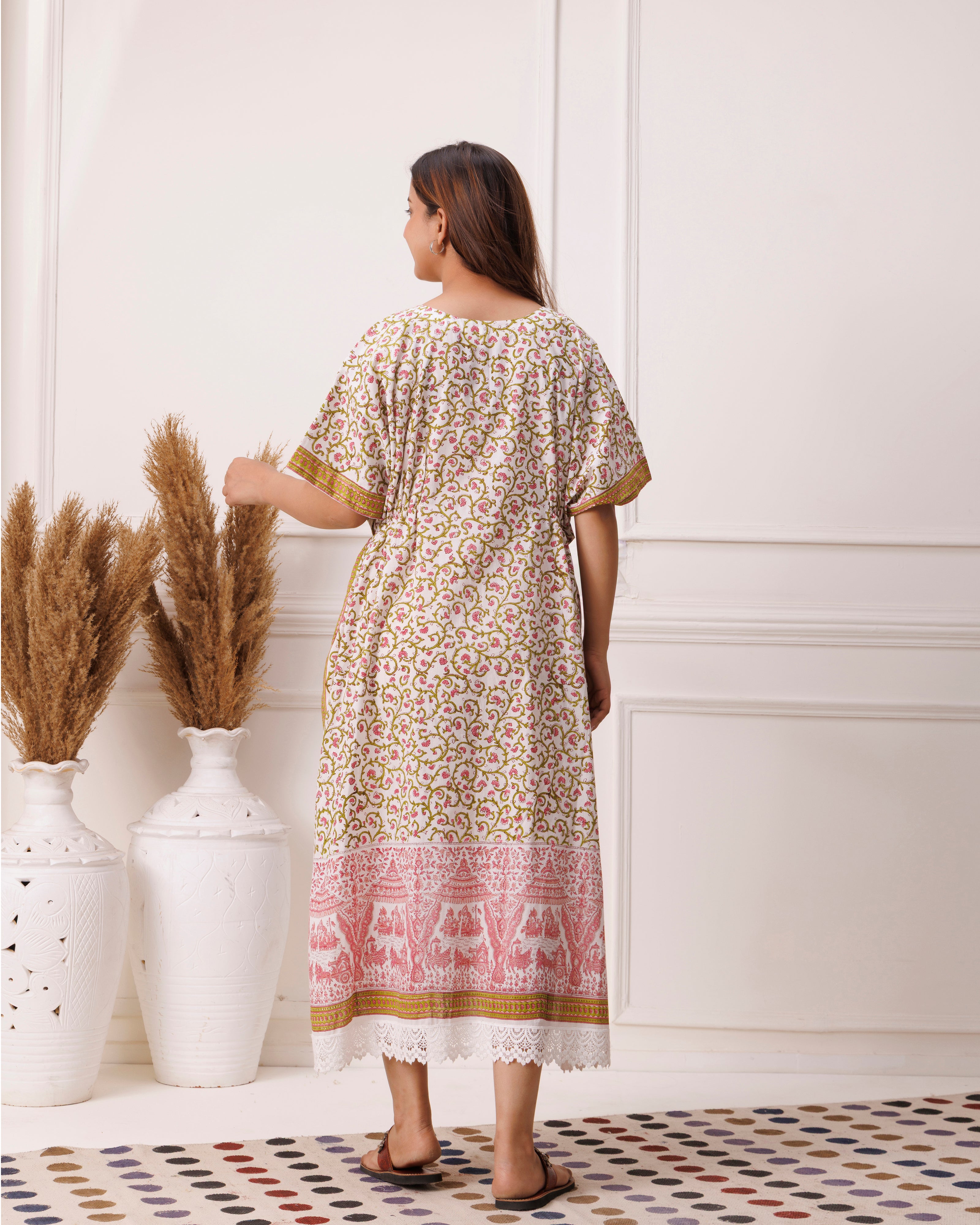 Green floral handblock printed cotton kaftan
