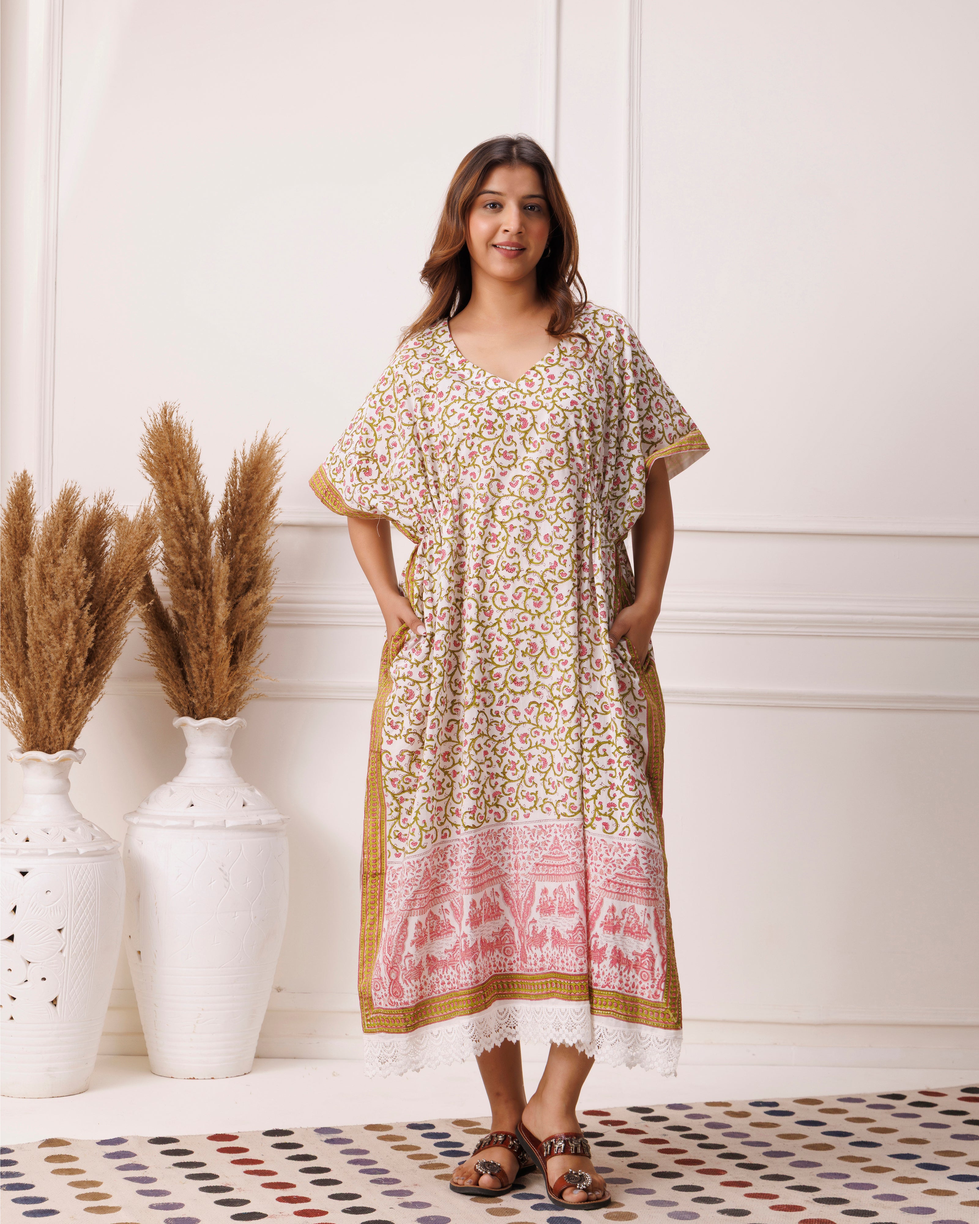 Green floral handblock printed cotton kaftan