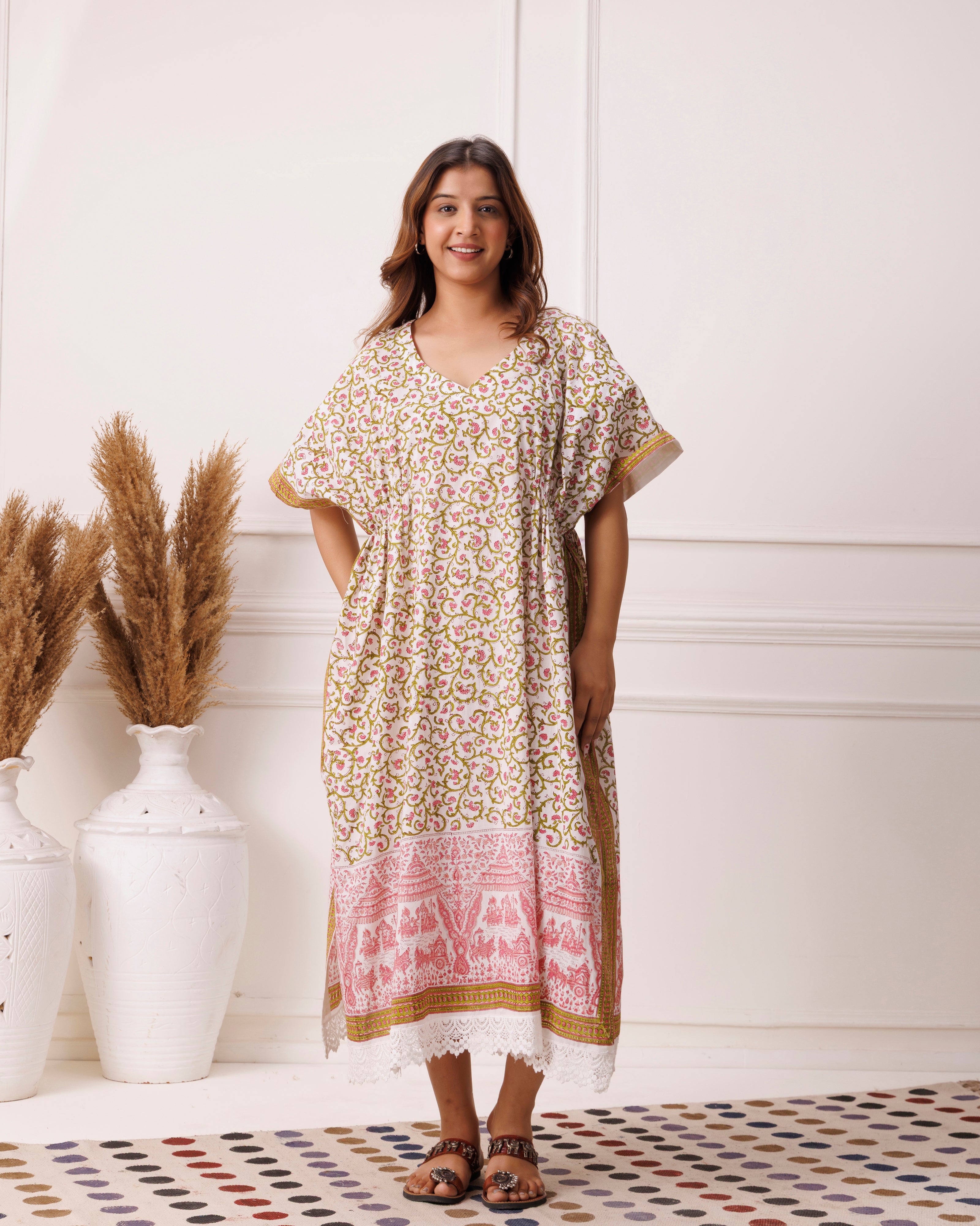 Green floral handblock printed cotton kaftan