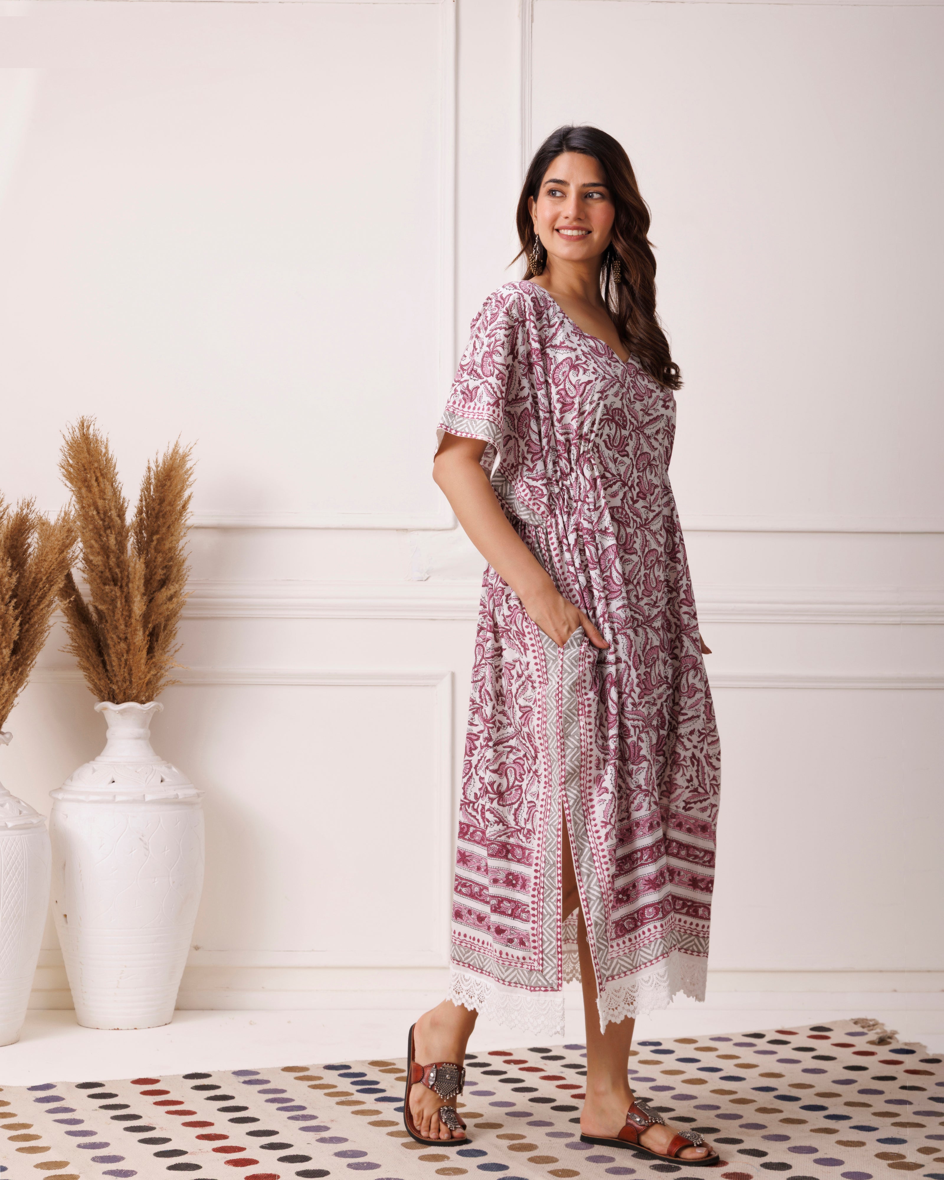 Maroon floral handblock printed cotton kaftan