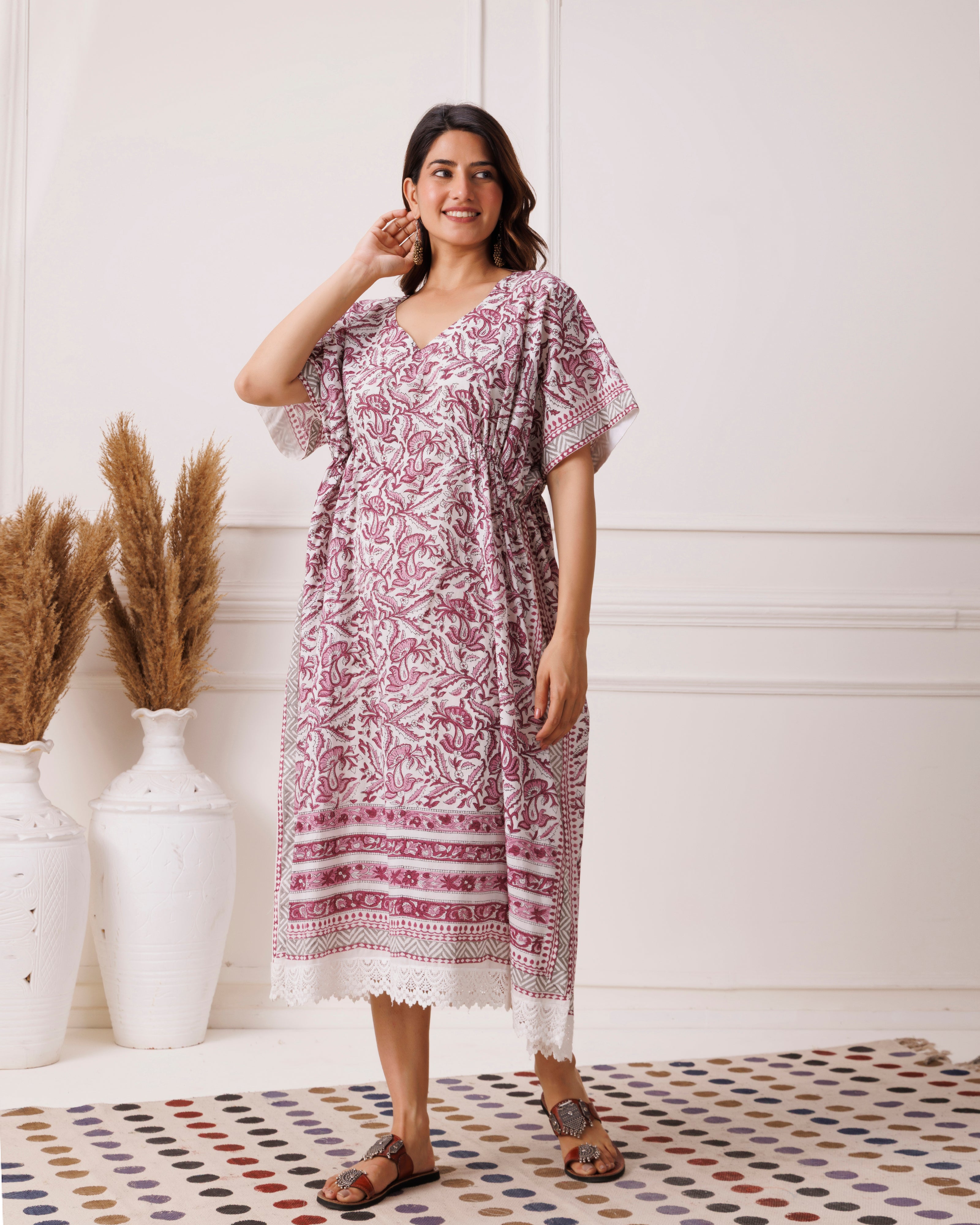 Maroon floral handblock printed cotton kaftan