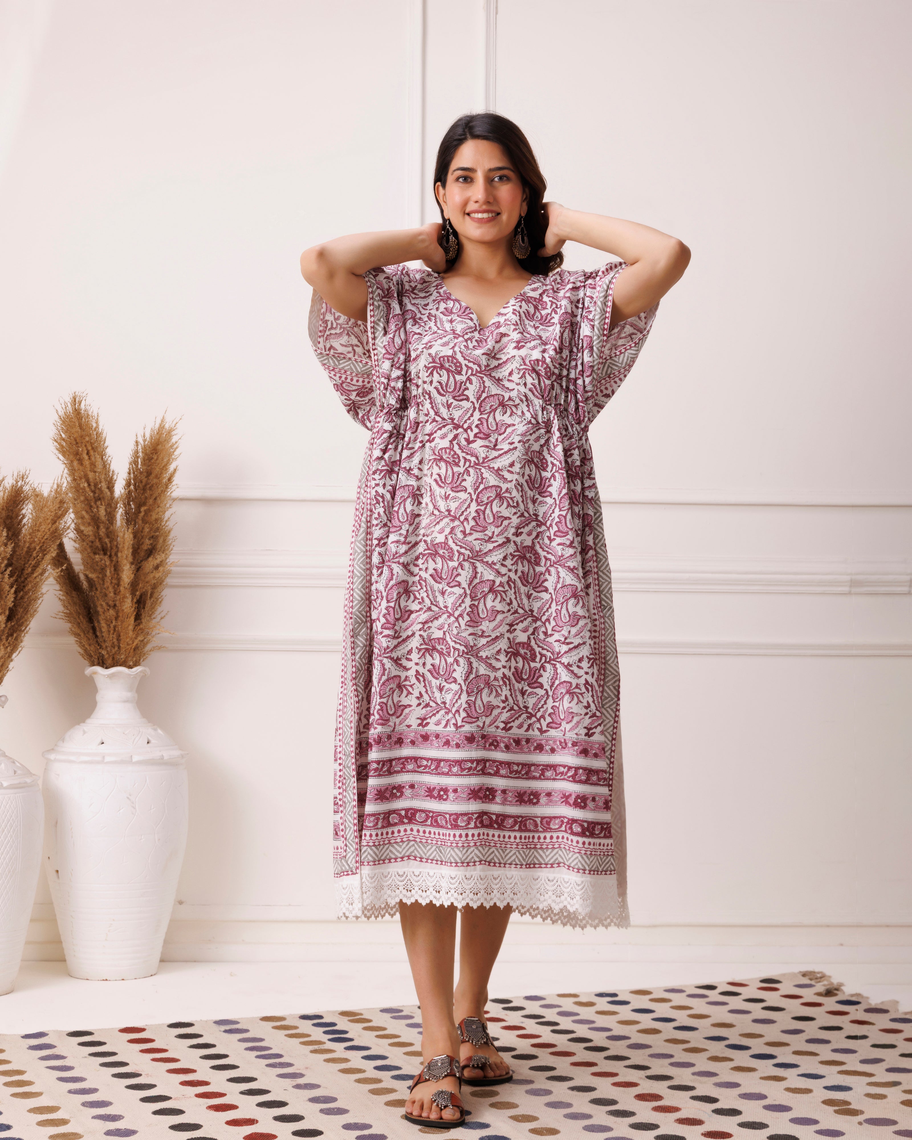 Maroon floral handblock printed cotton kaftan