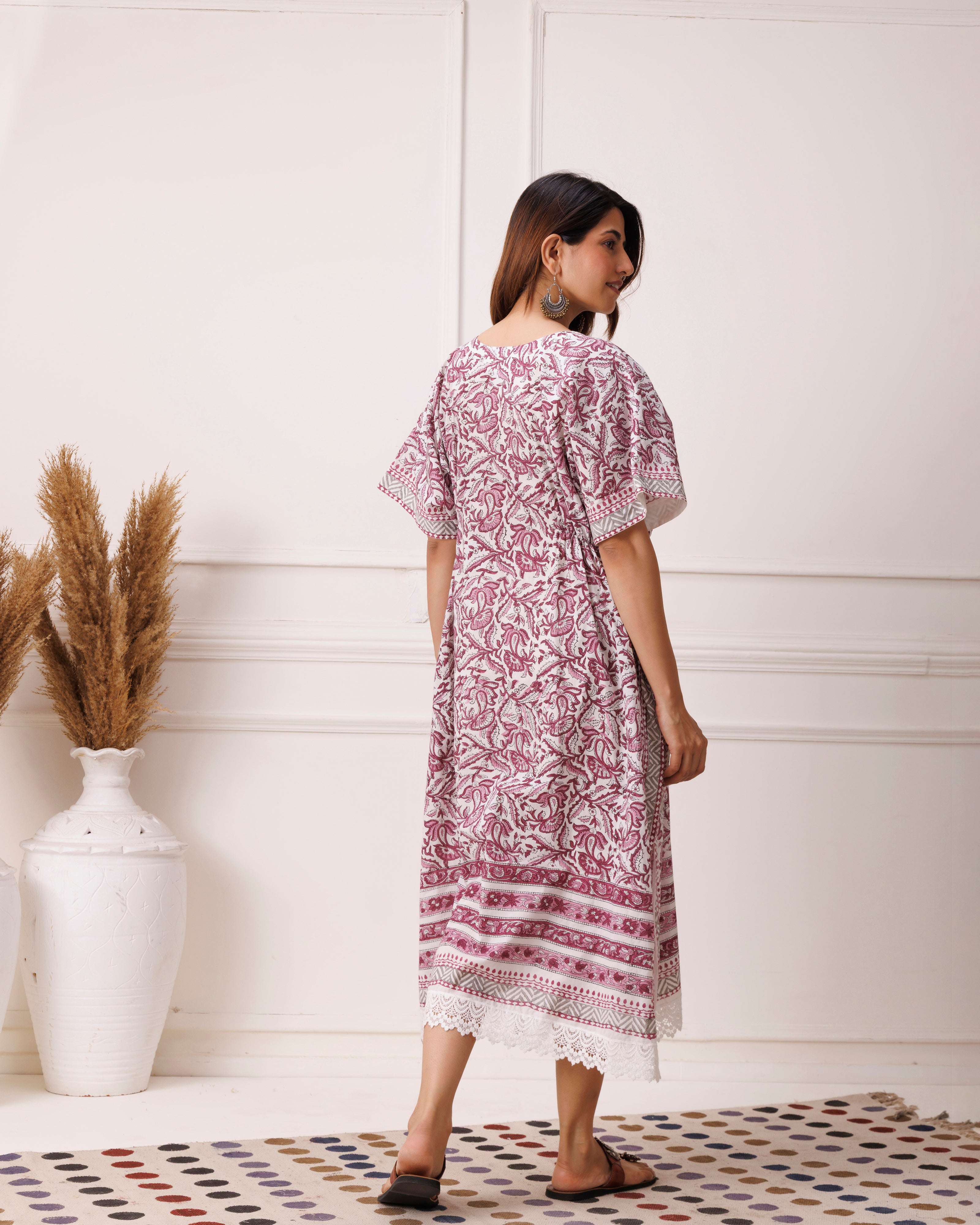 Maroon floral handblock printed cotton kaftan