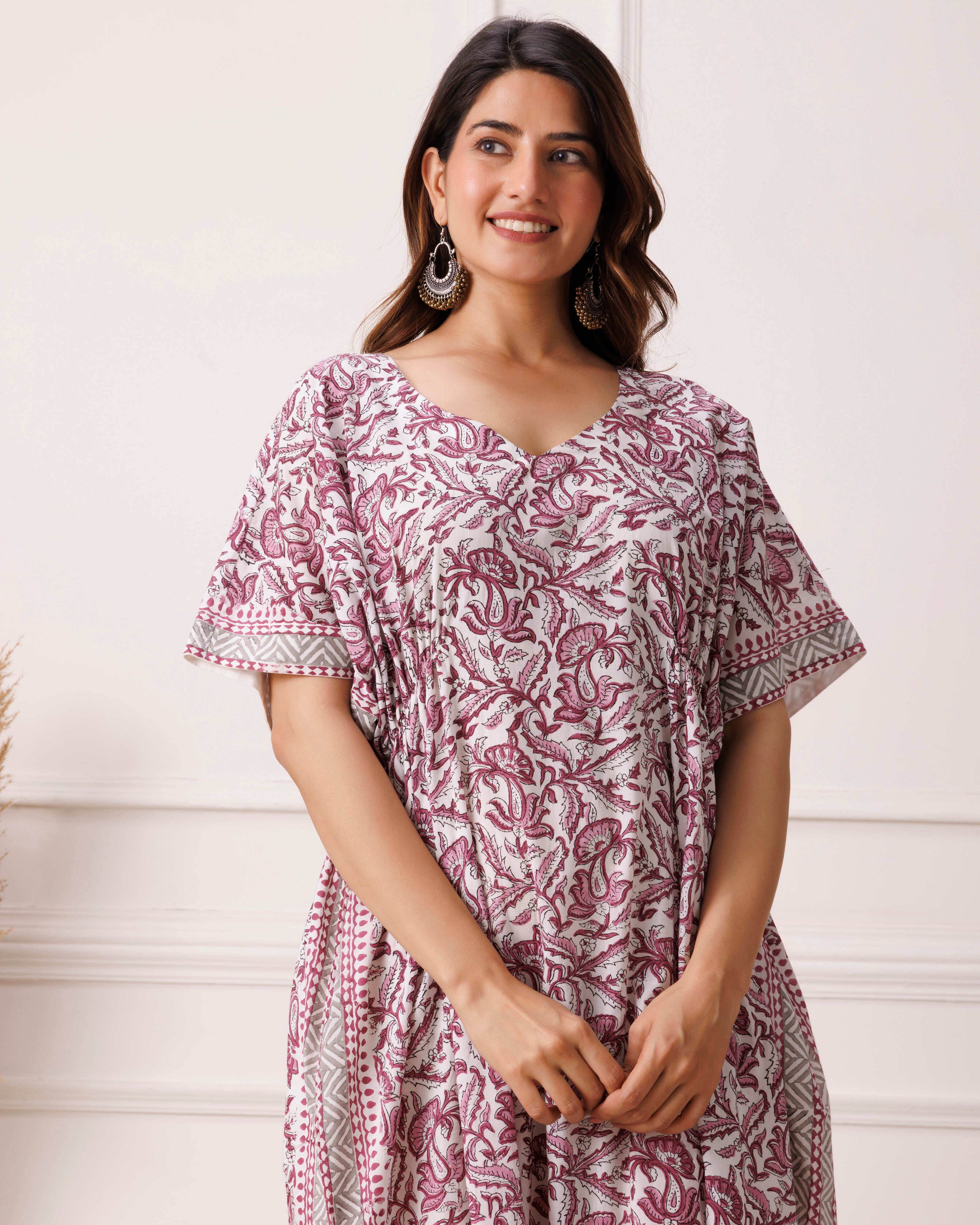 Maroon floral handblock printed cotton kaftan