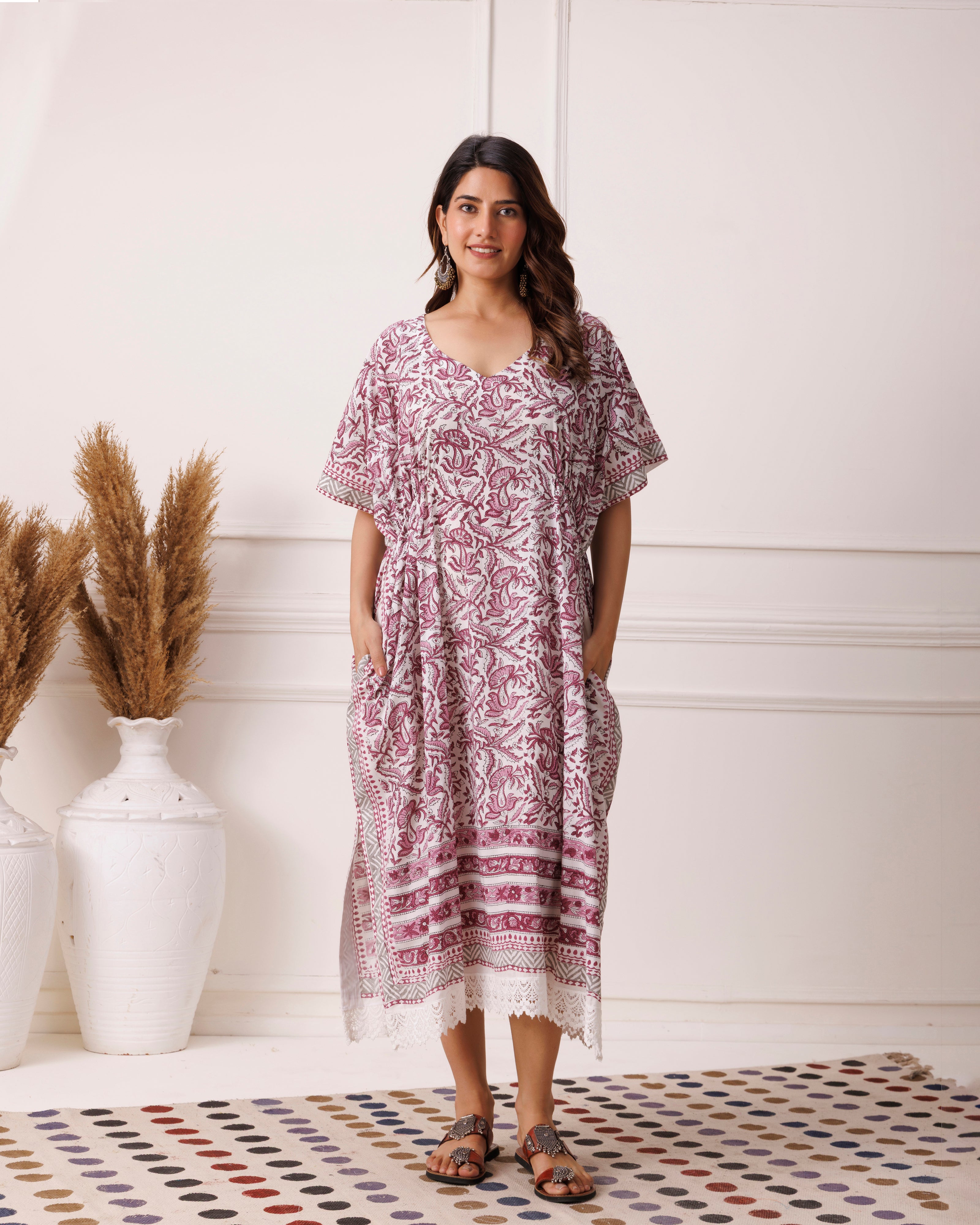 Maroon floral handblock printed cotton kaftan