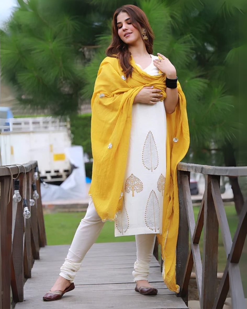 Mustard Hand Block Print Cotton Kurta Suit Set with Gota work Dupatta