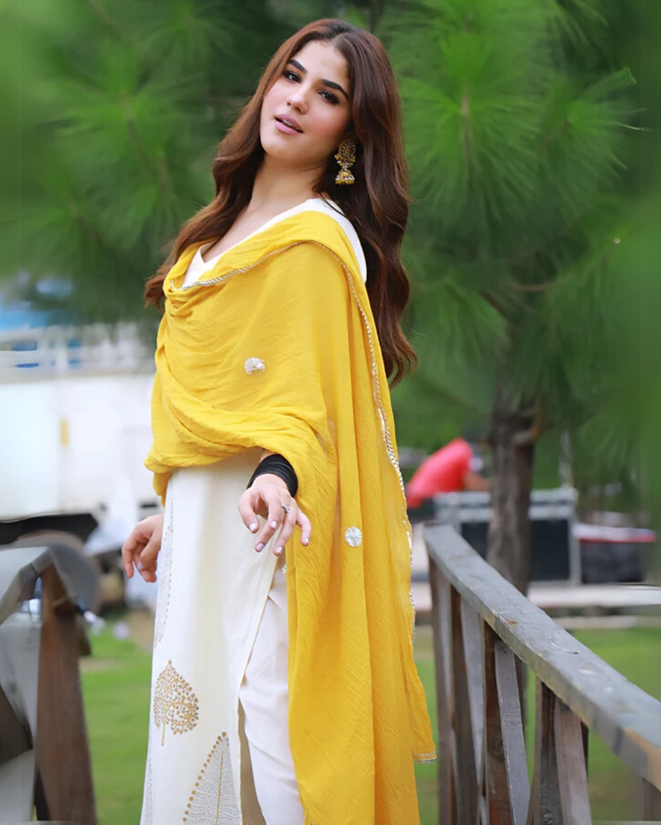 Mustard Hand Block Print Cotton Kurta Suit Set with Gota work Dupatta