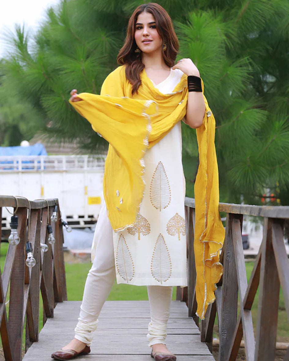 Mustard Hand Block Print Cotton Kurta Suit Set with Gota work Dupatta