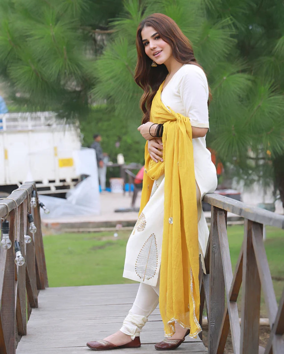 Mustard Hand Block Print Cotton Kurta Suit Set with Gota work Dupatta