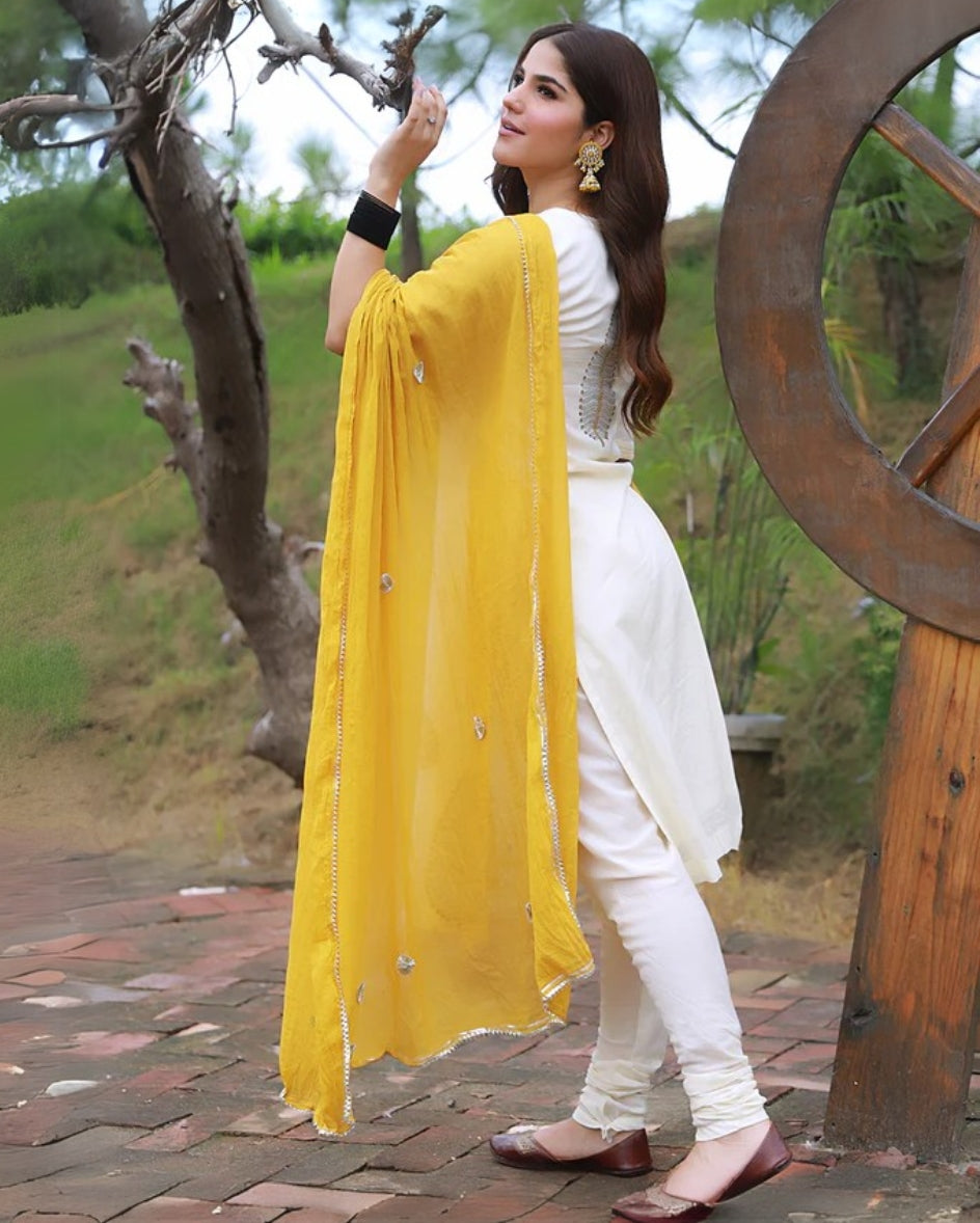Mustard Hand Block Print Cotton Kurta Suit Set with Gota work Dupatta