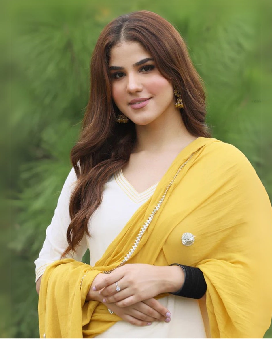 Mustard Hand Block Print Cotton Kurta Suit Set with Gota work Dupatta
