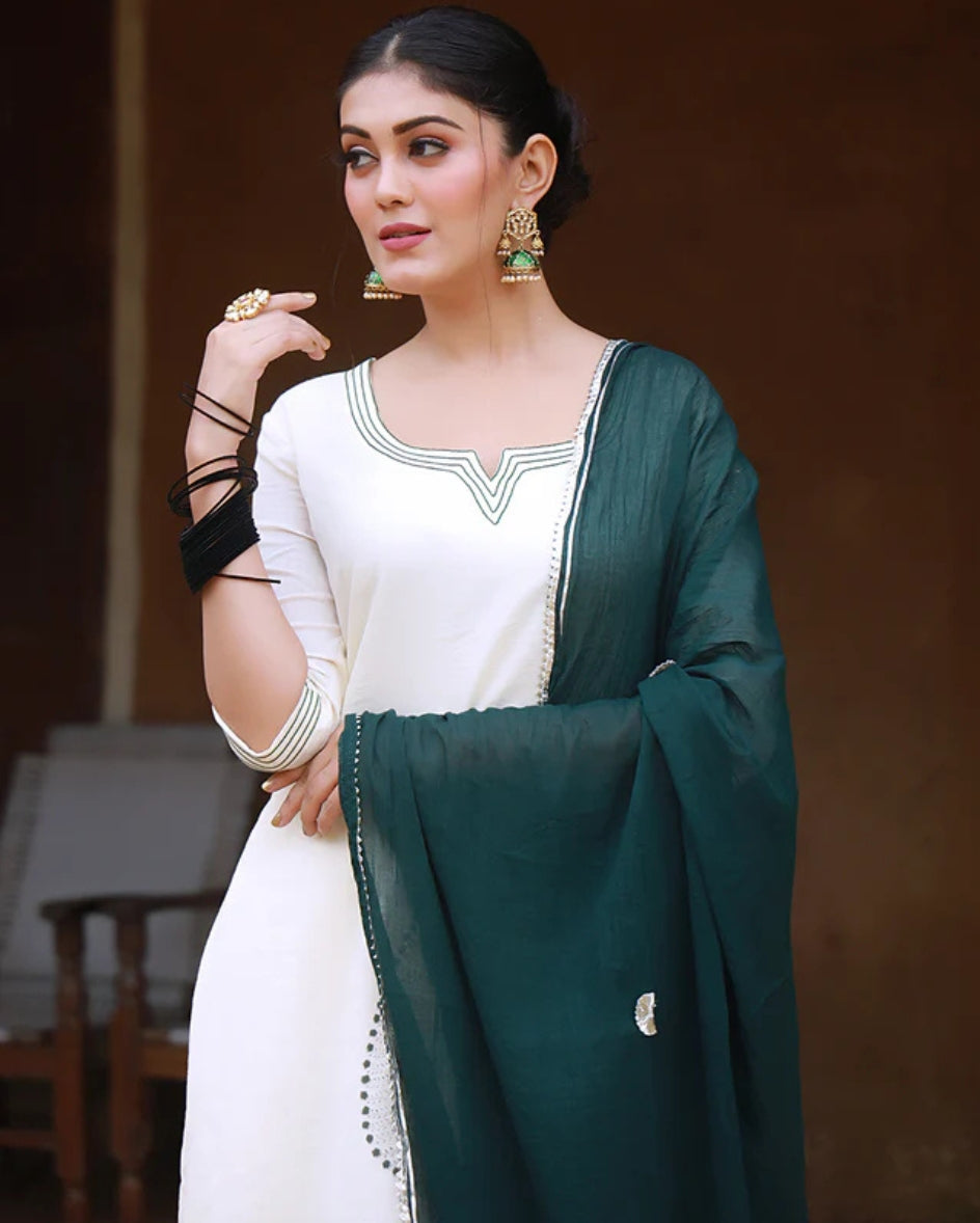 Deep Green Hand Block Print Cotton Kurta Suit Set with Gota work Dupatta