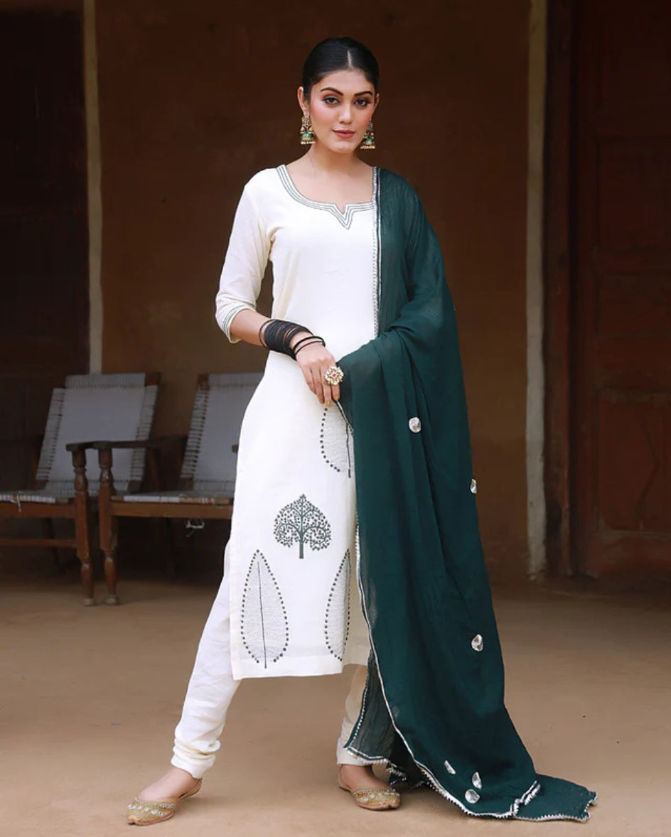 Deep Green Hand Block Print Cotton Kurta Suit Set with Gota work Dupatta