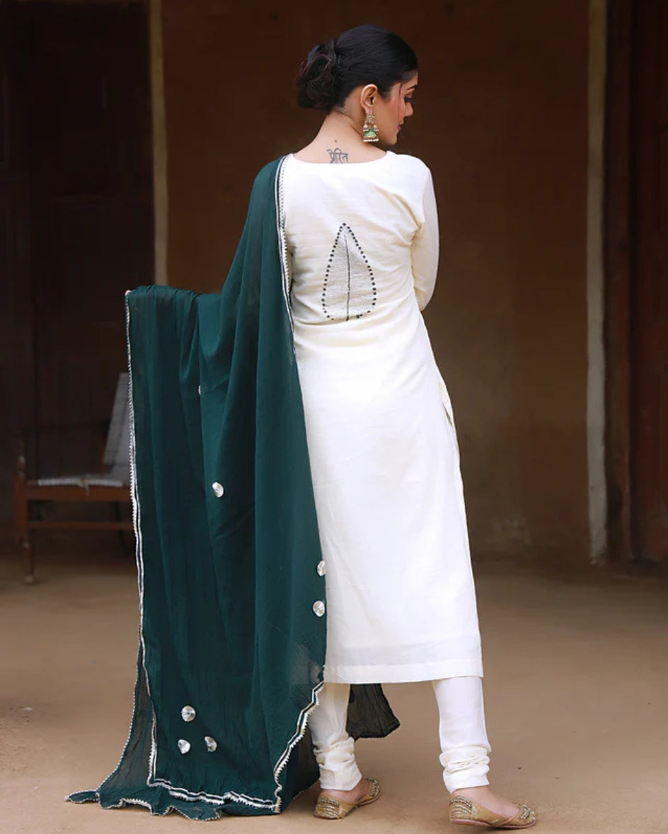 Deep Green Hand Block Print Cotton Kurta Suit Set with Gota work Dupatta