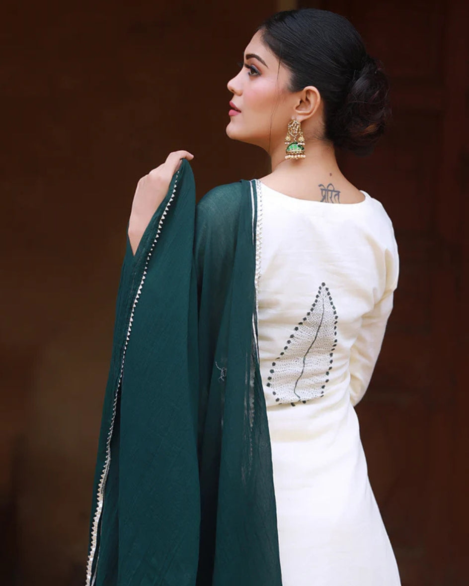 Deep Green Hand Block Print Cotton Kurta Suit Set with Gota work Dupatta