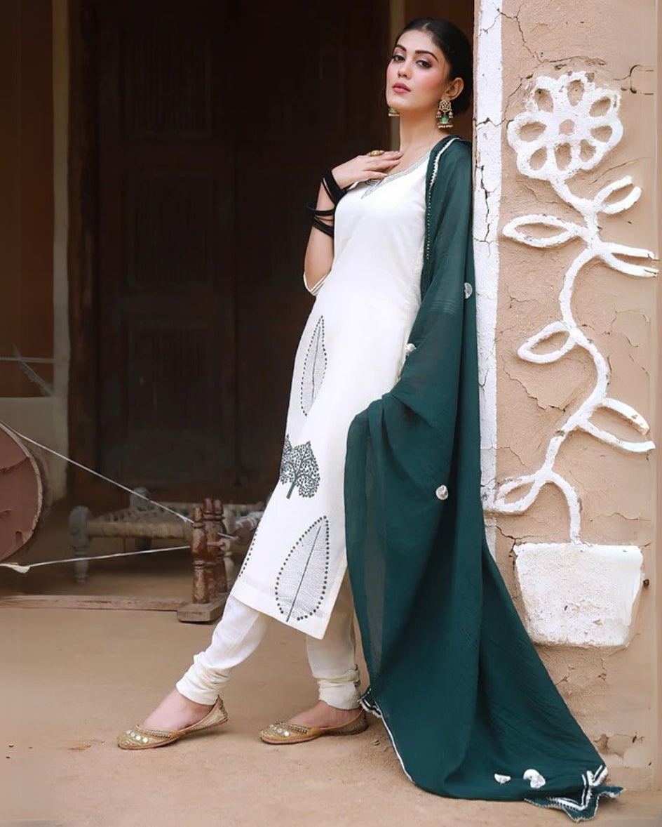 Deep Green Hand Block Print Cotton Kurta Suit Set with Gota work Dupatta