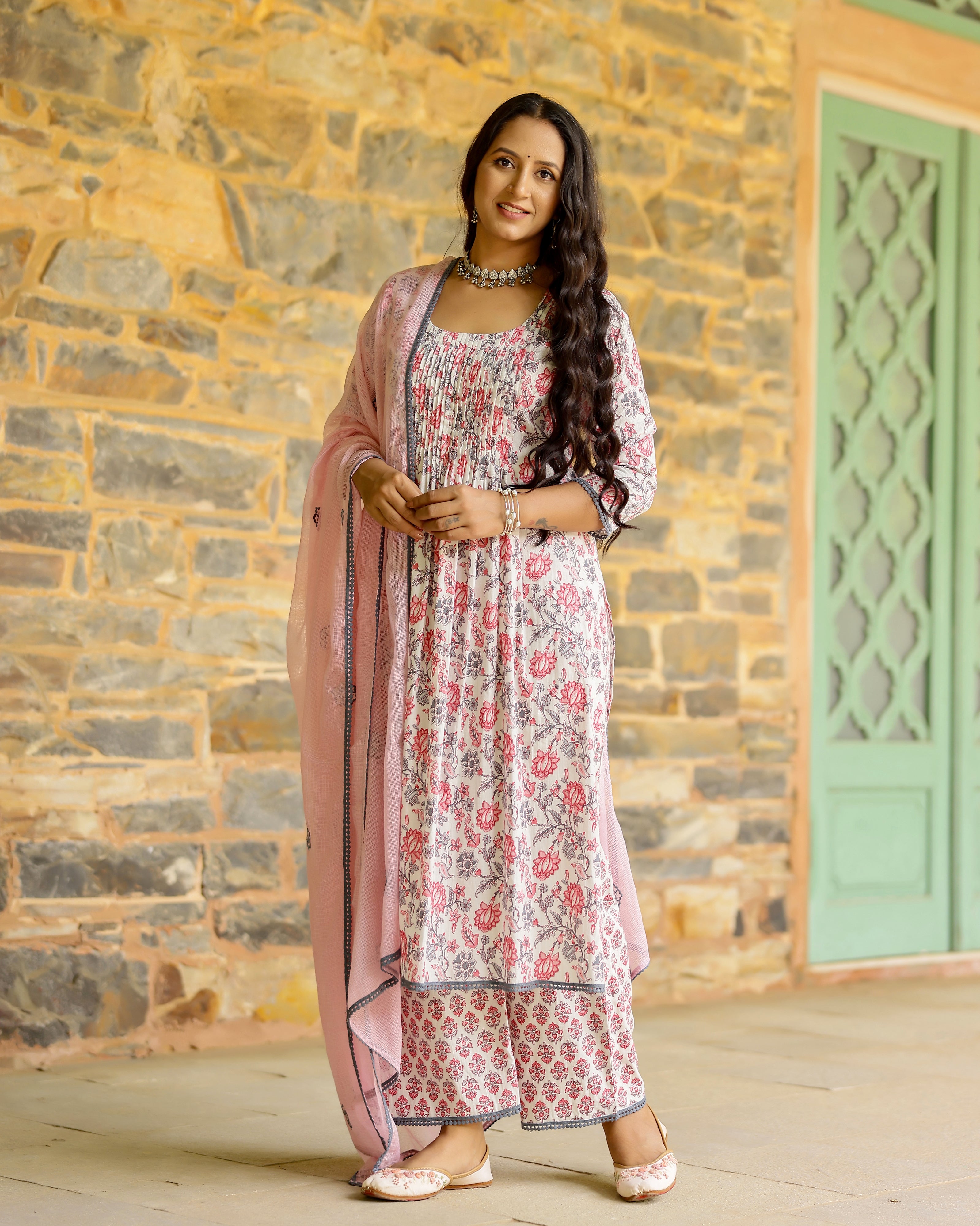 White & Pink Block Printed Cotton Suit Set