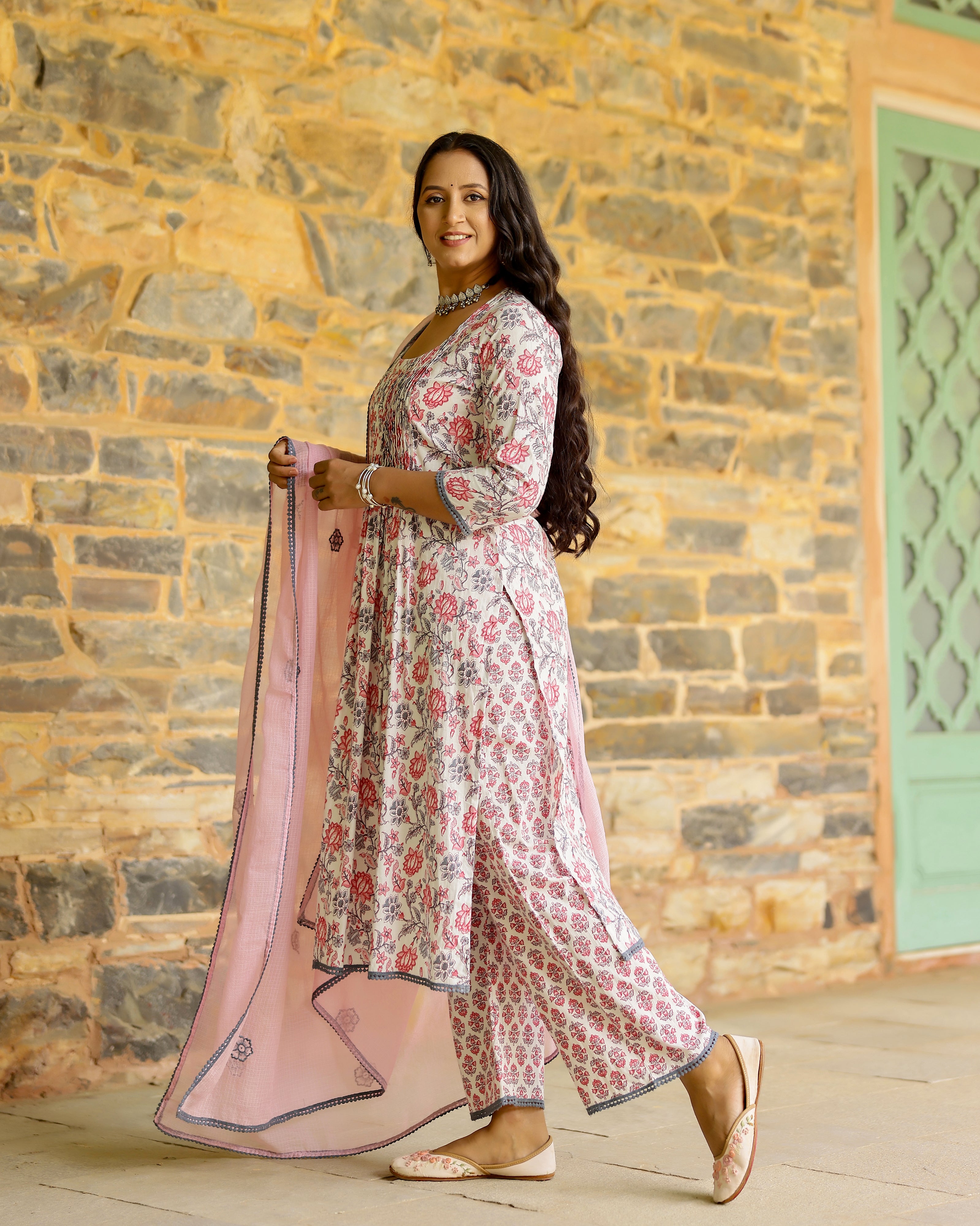 White & Pink Block Printed Cotton Suit Set