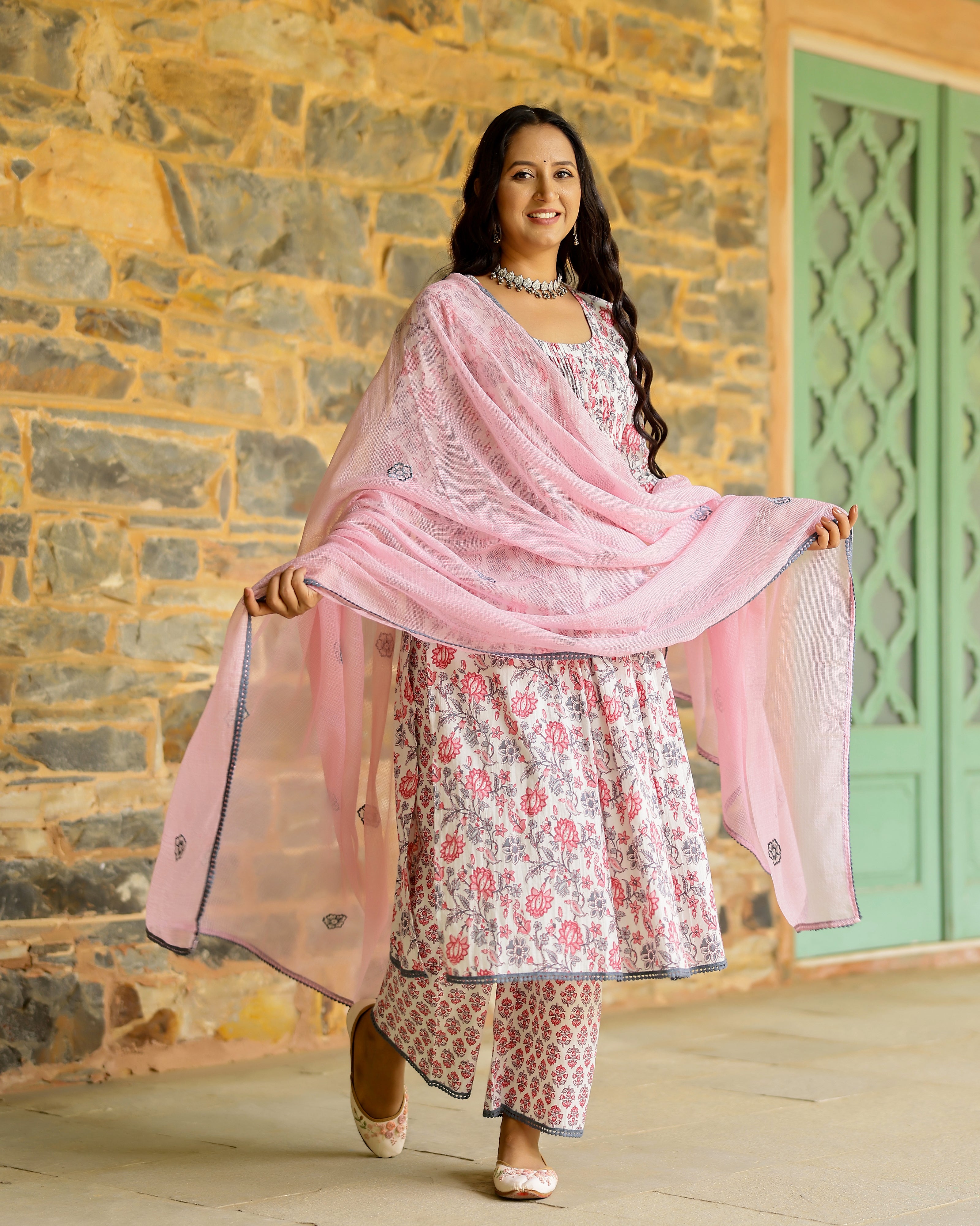 White & Pink Block Printed Cotton Suit Set