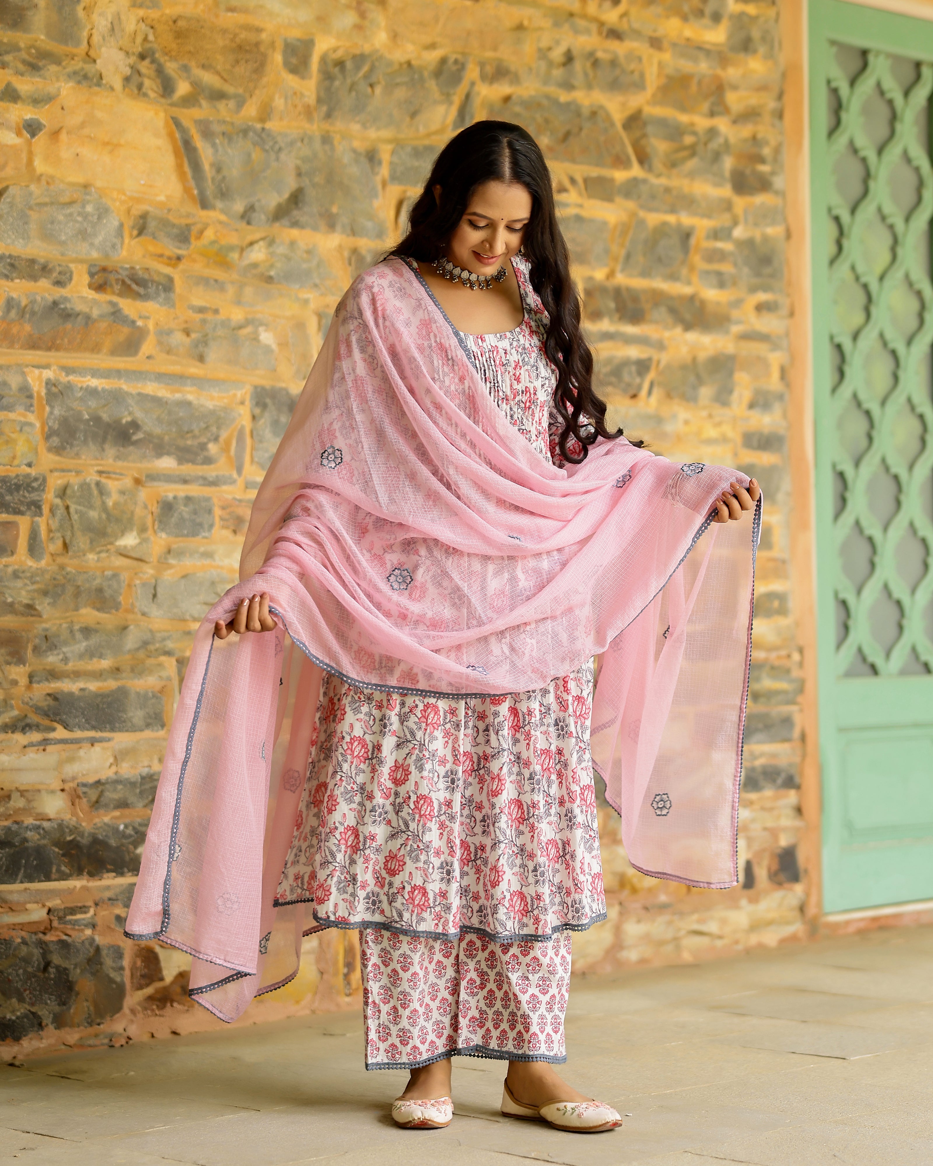 White & Pink Block Printed Cotton Suit Set