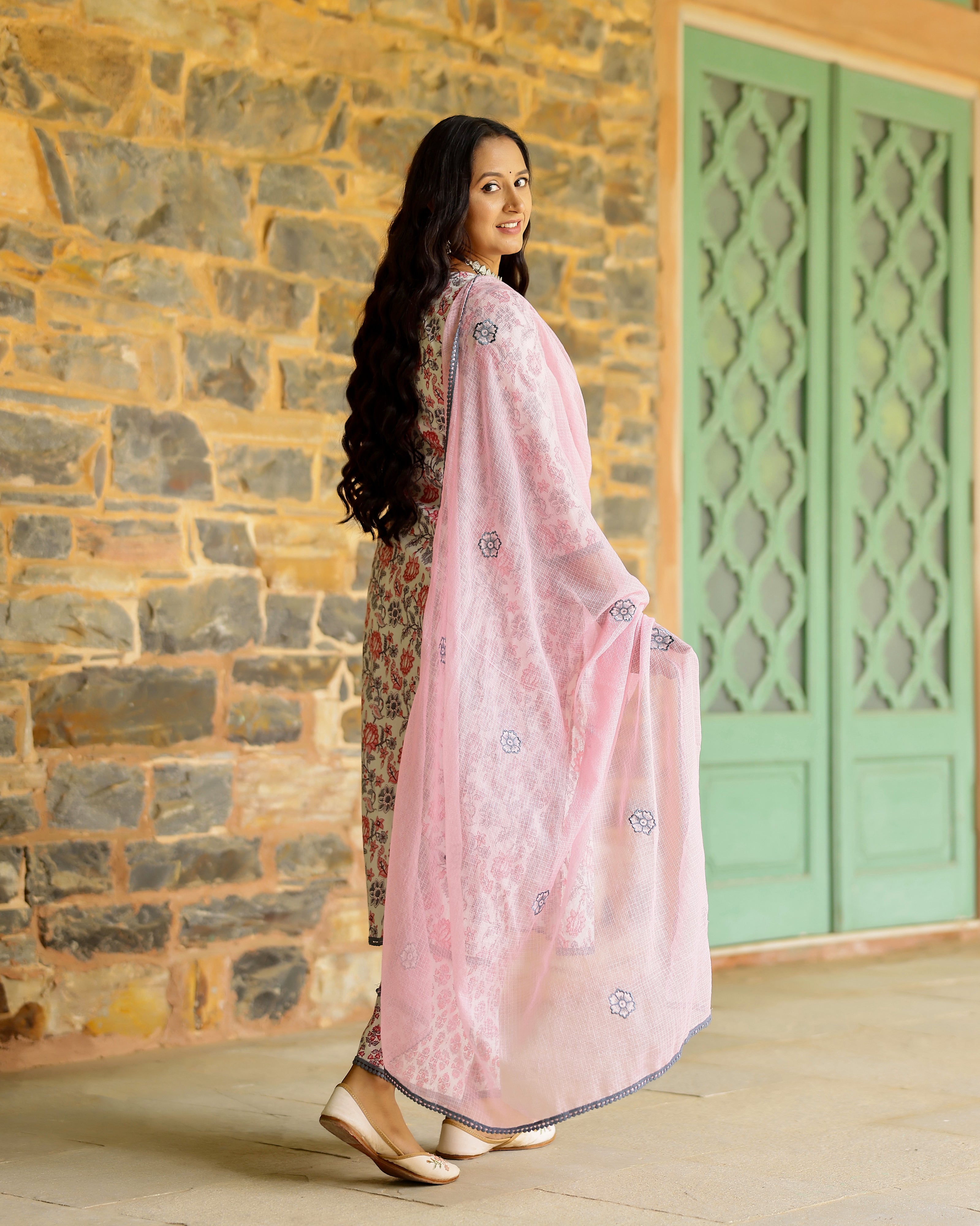 White & Pink Block Printed Cotton Suit Set