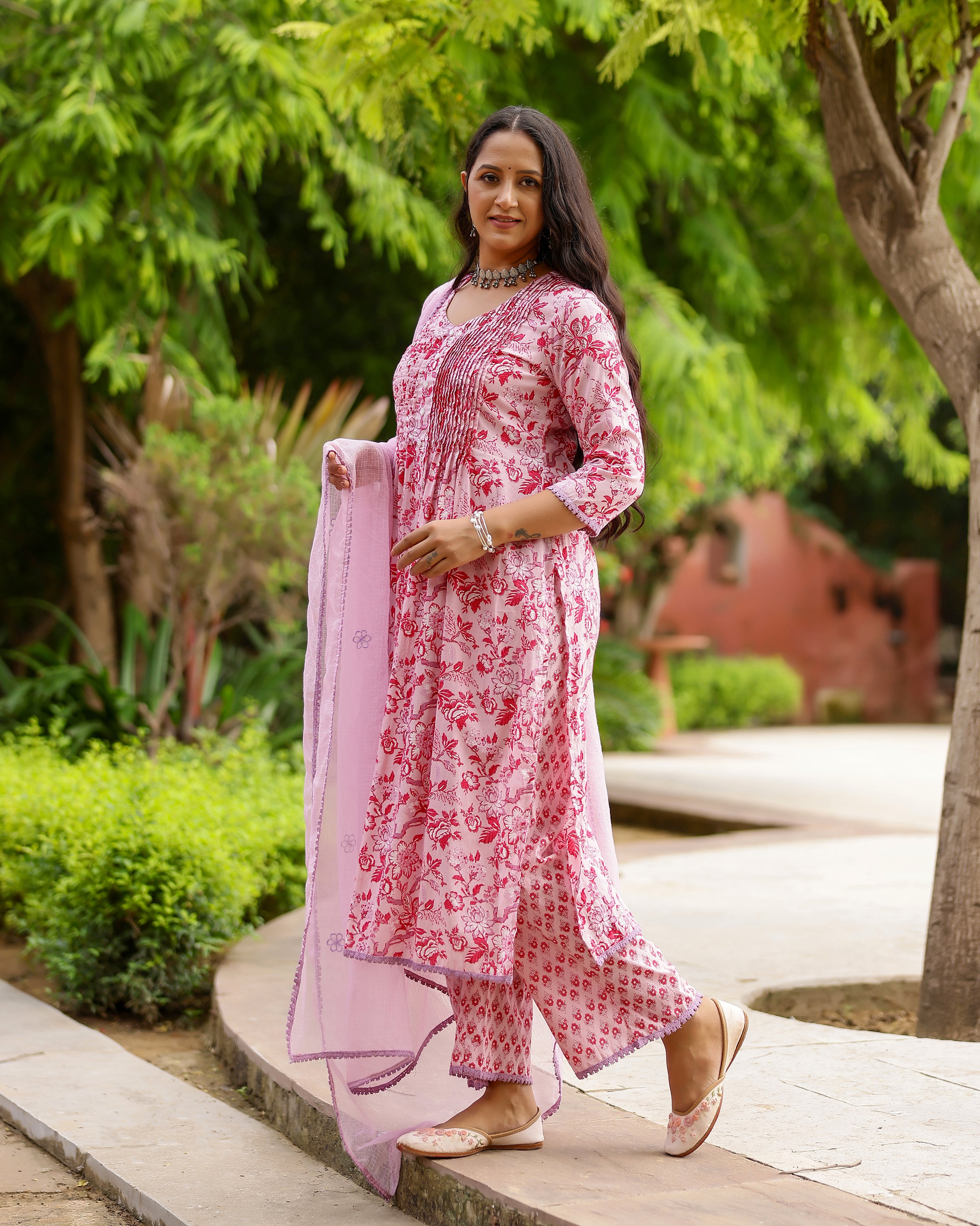 Magenta & Pink Block Printed Cotton Suit Set