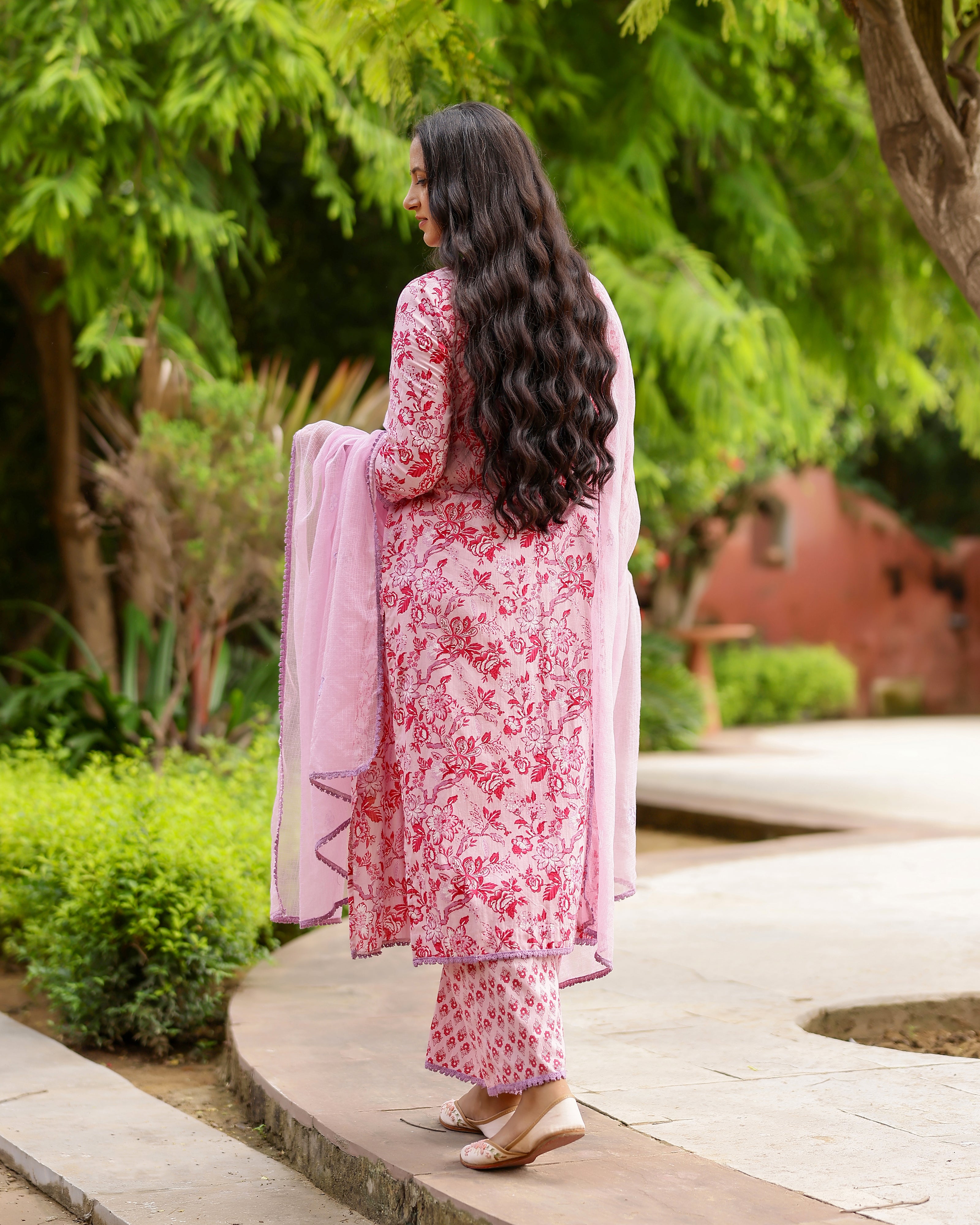 Magenta & Pink Block Printed Cotton Suit Set