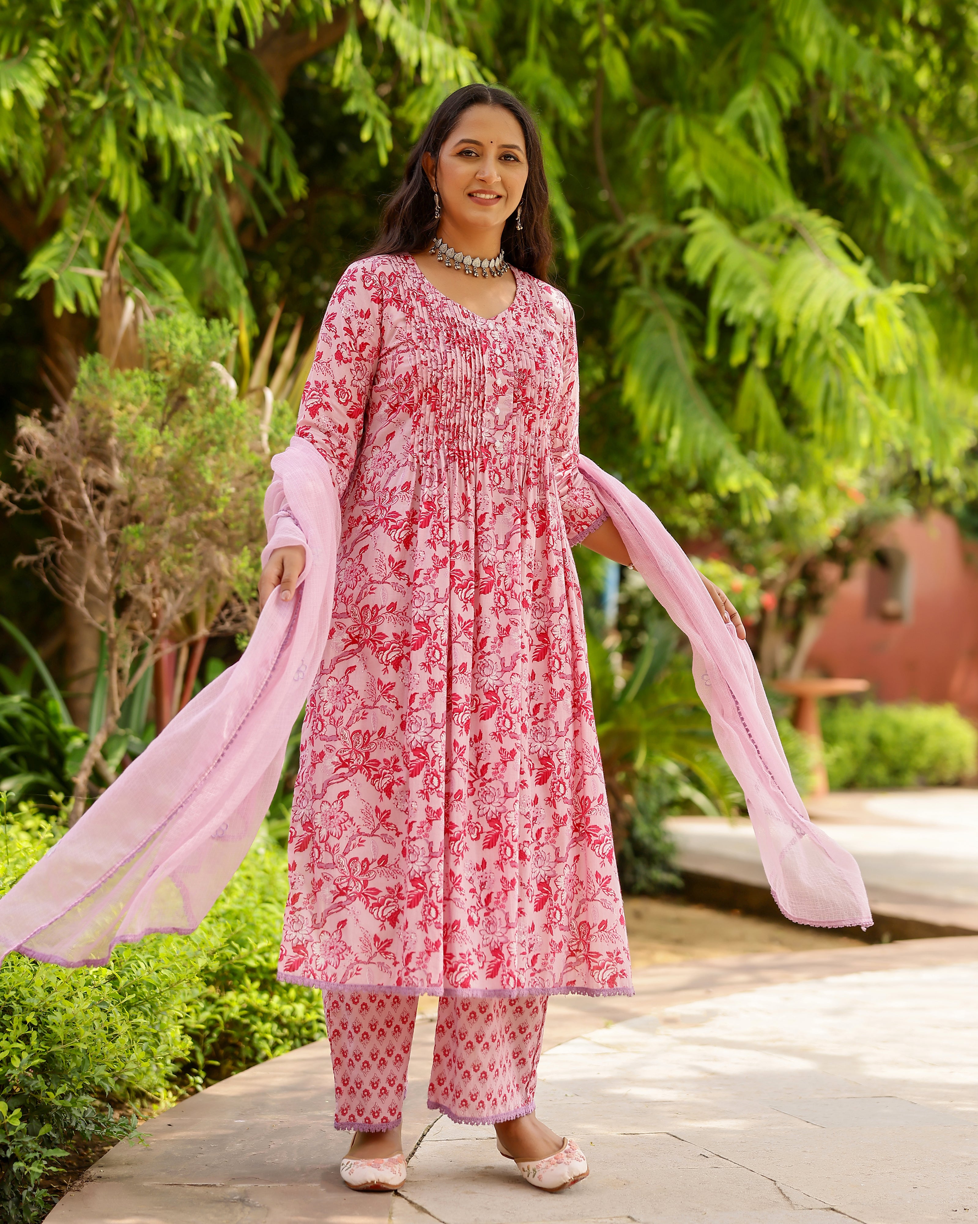 Magenta & Pink Block Printed Cotton Suit Set