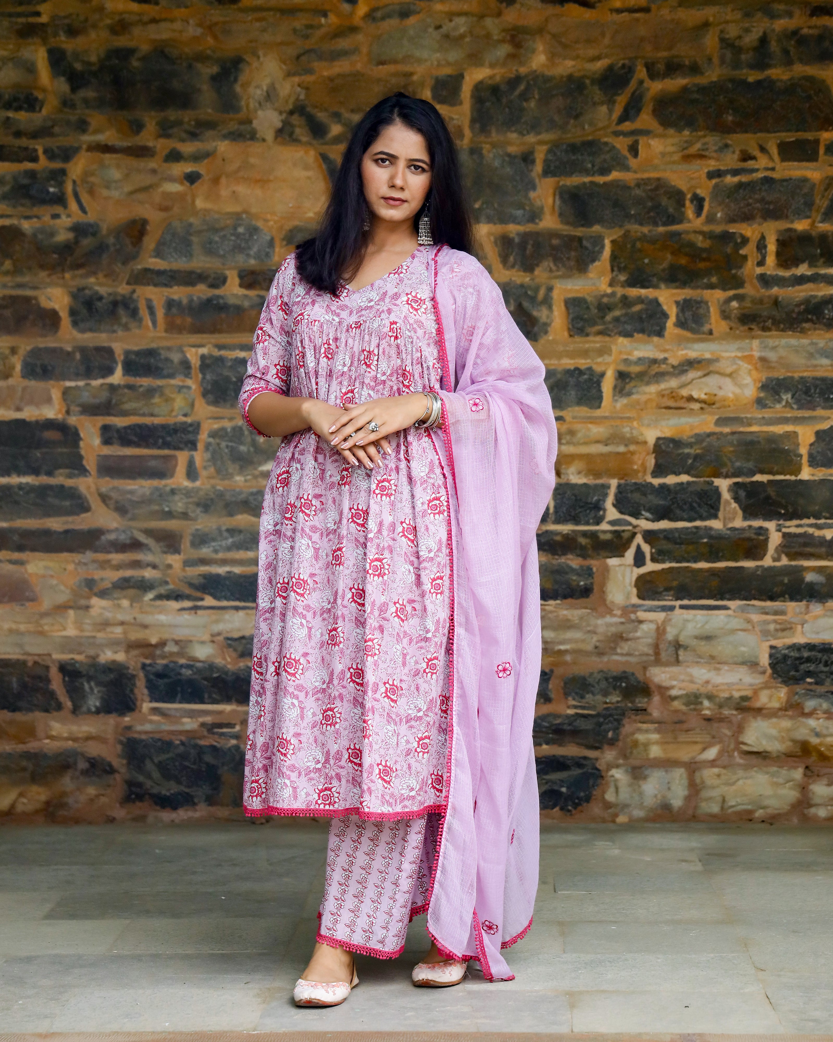 Lilac & Red Block Printed Cotton Suit Set