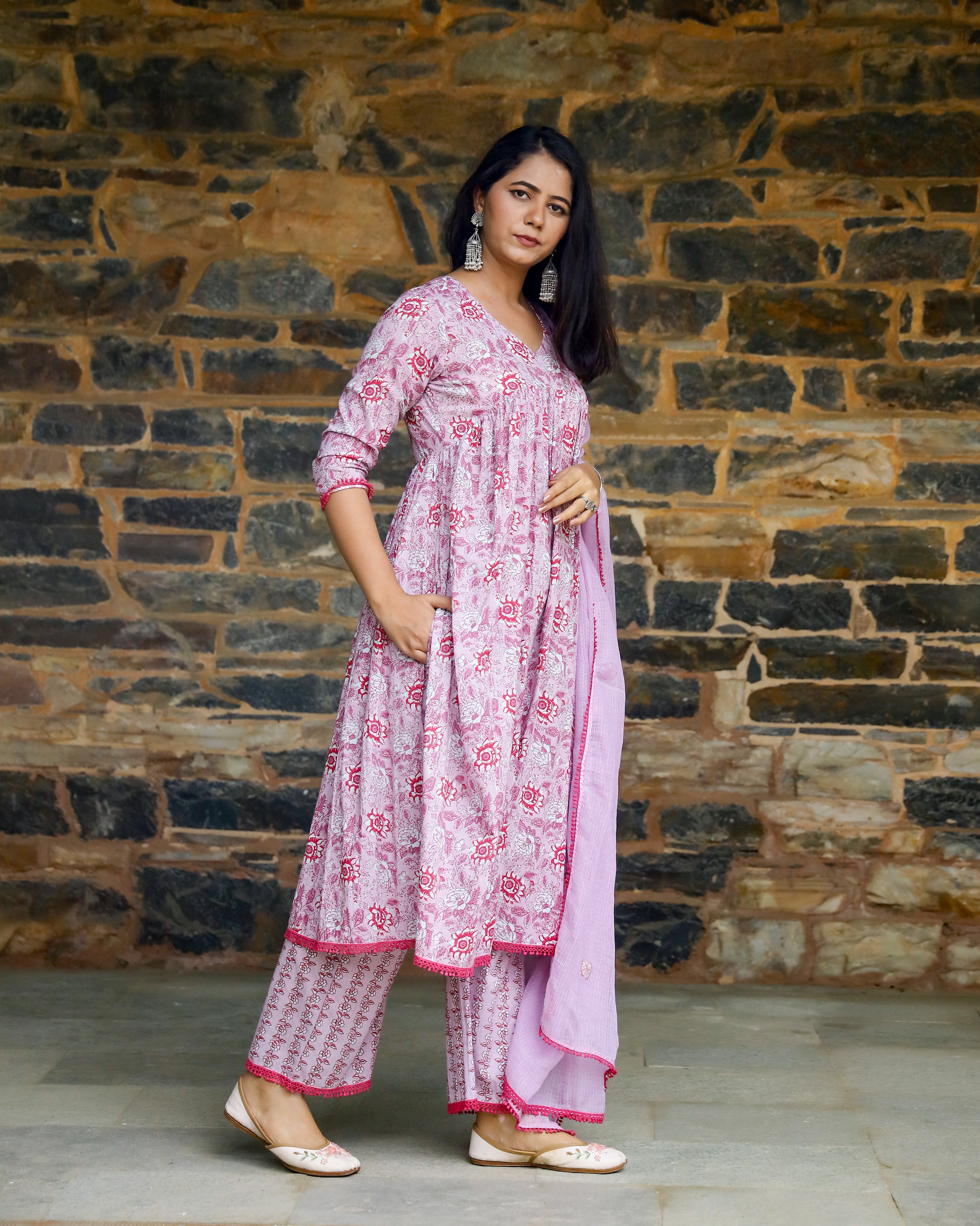 Lilac & Red Block Printed Cotton Suit Set