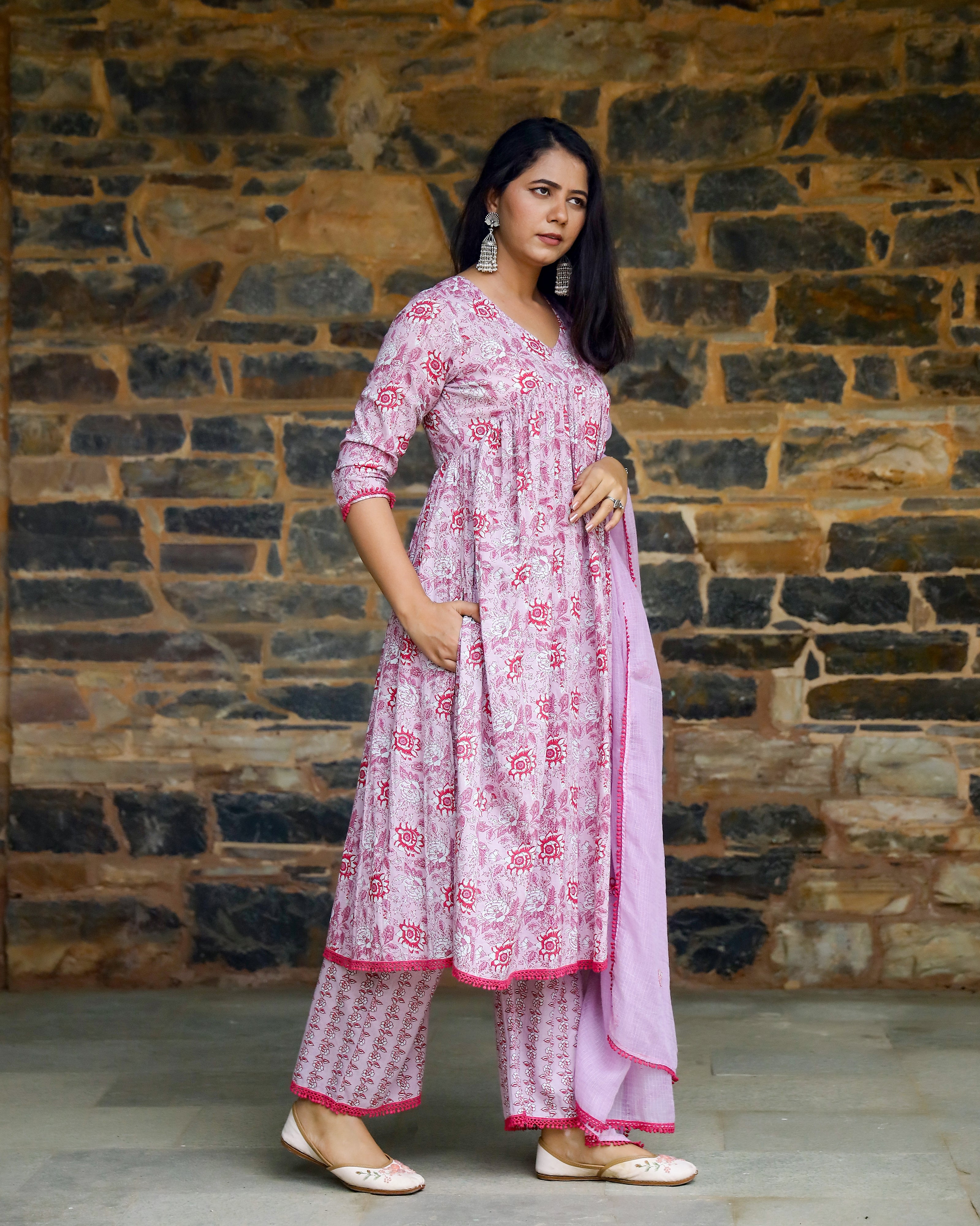 Lilac & Red Block Printed Cotton Suit Set