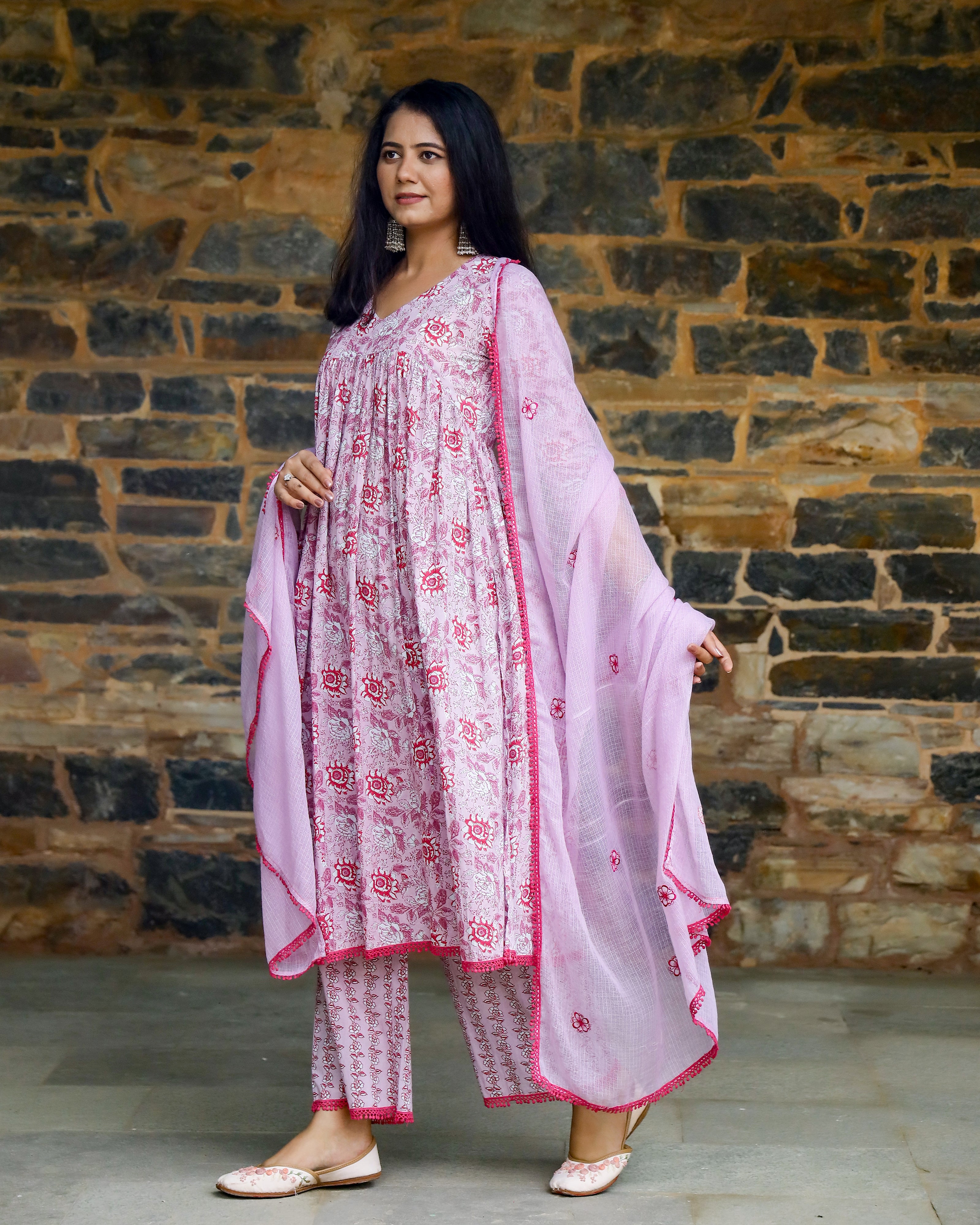 Lilac & Red Block Printed Cotton Suit Set