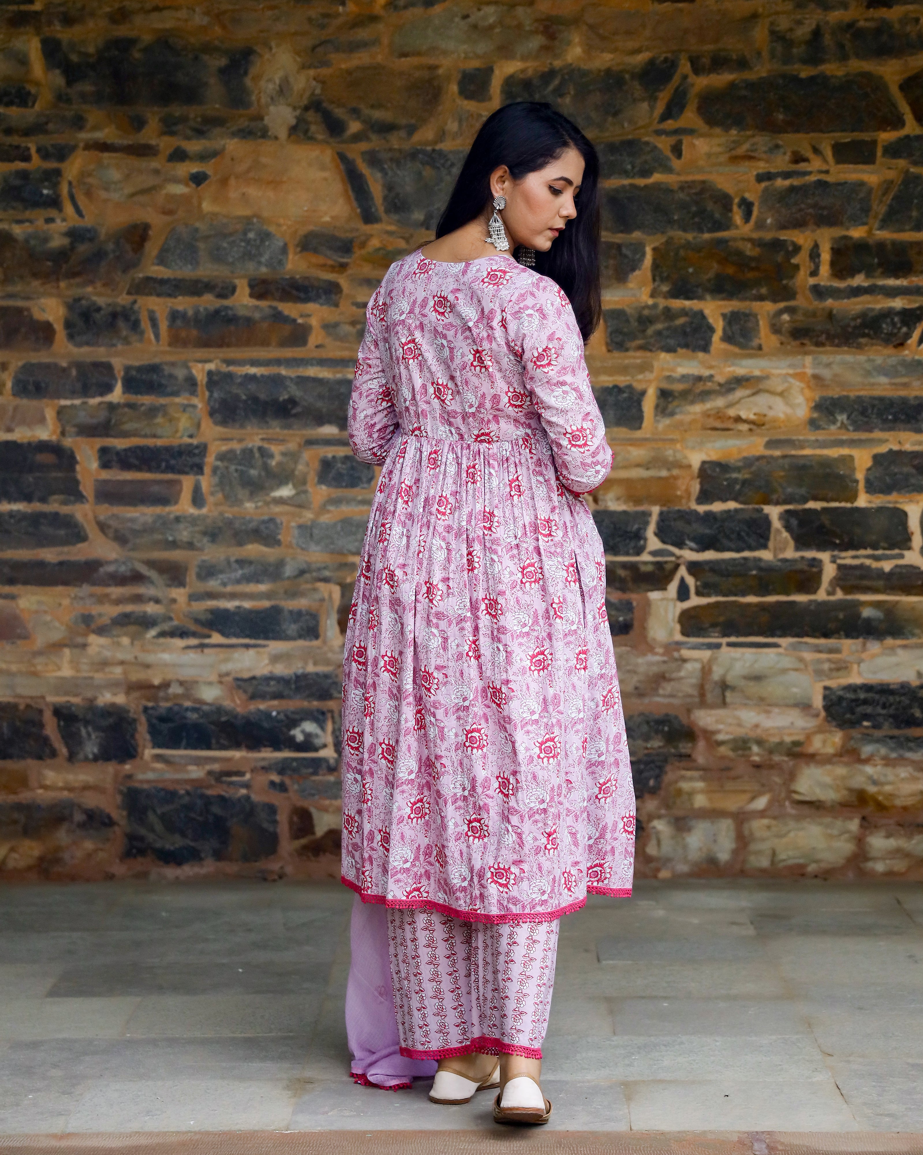 Lilac & Red Block Printed Cotton Suit Set