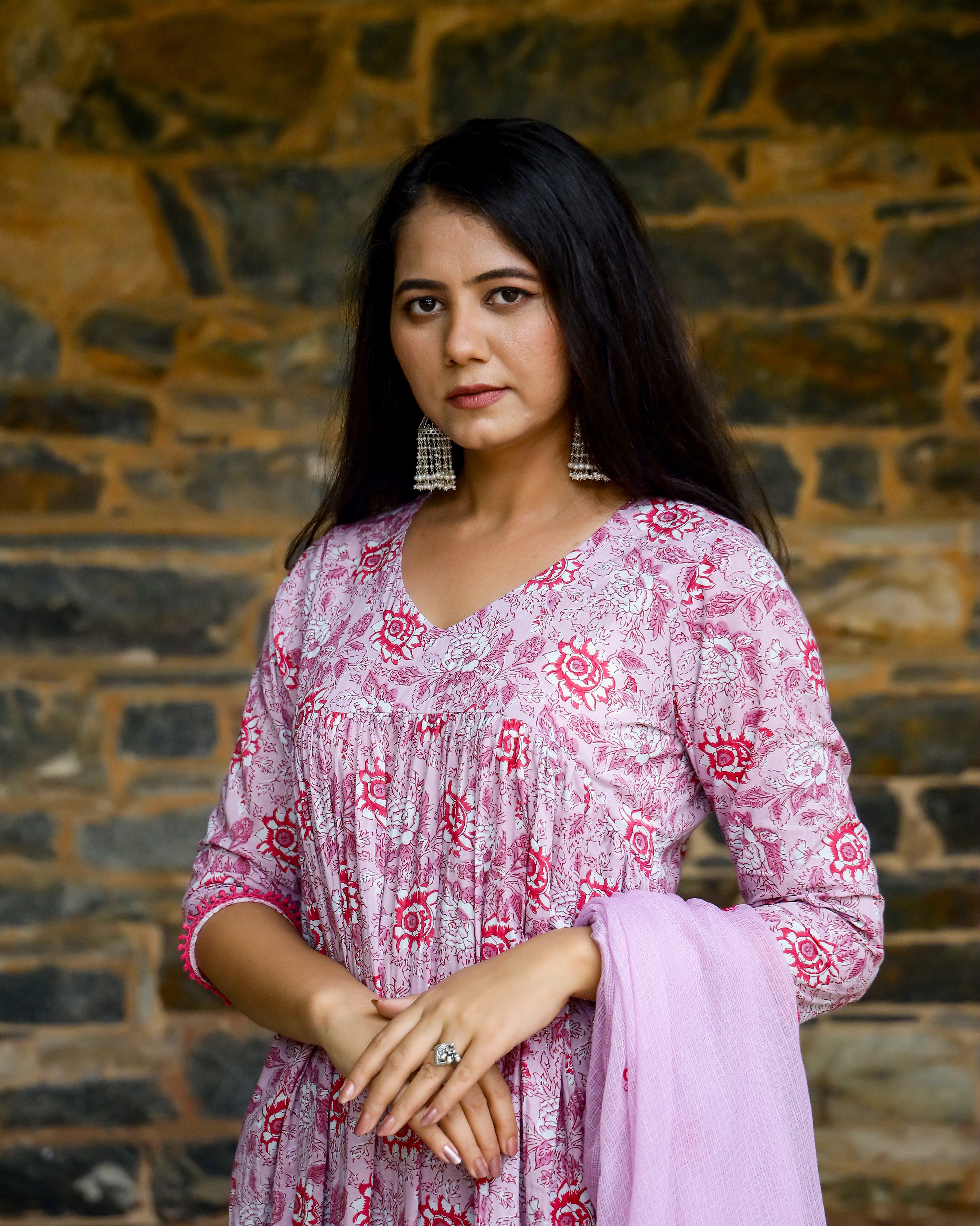 Lilac & Red Block Printed Cotton Suit Set