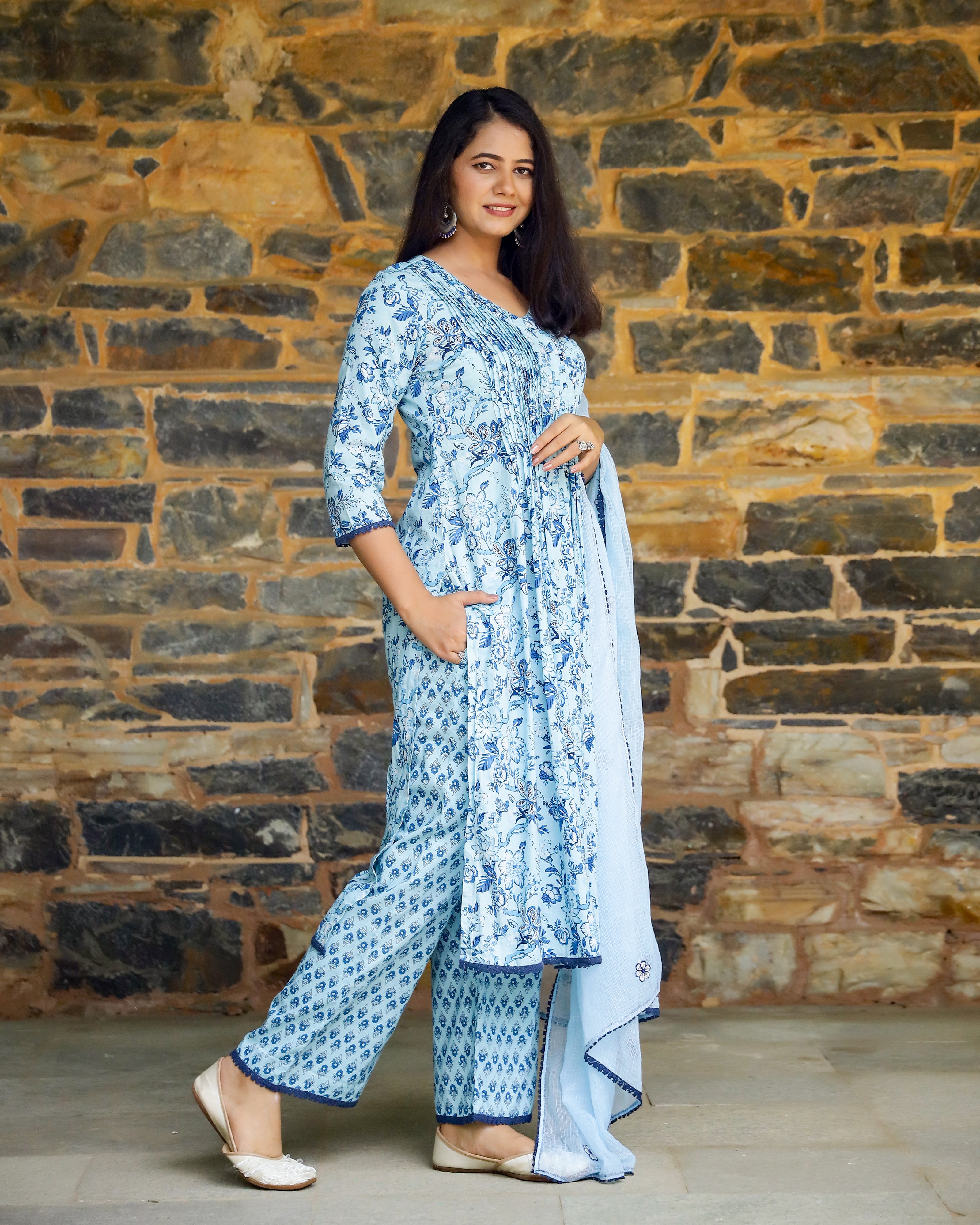 Aqua & Blue Block Printed Cotton Suit Set