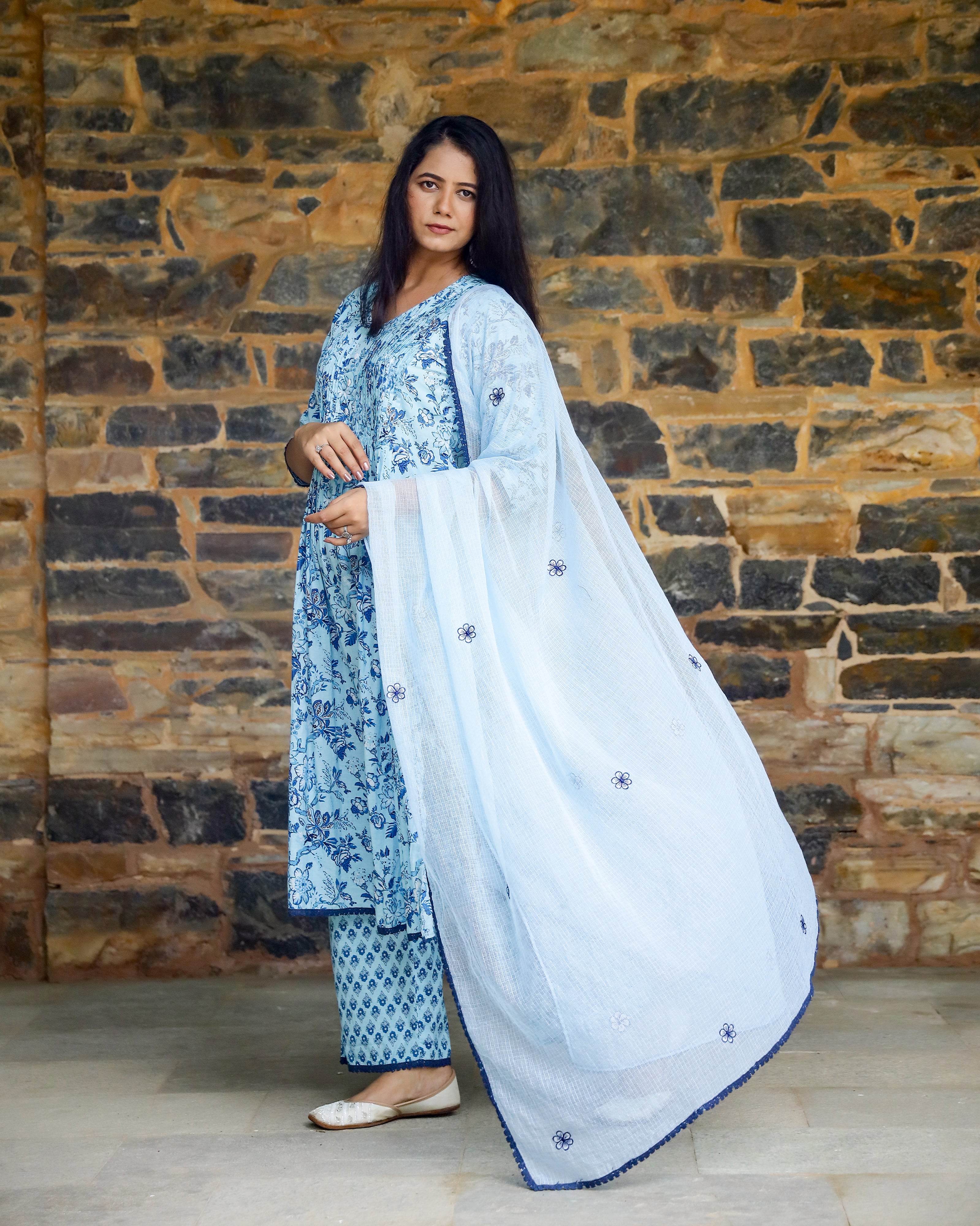 Aqua & Blue Block Printed Cotton Suit Set