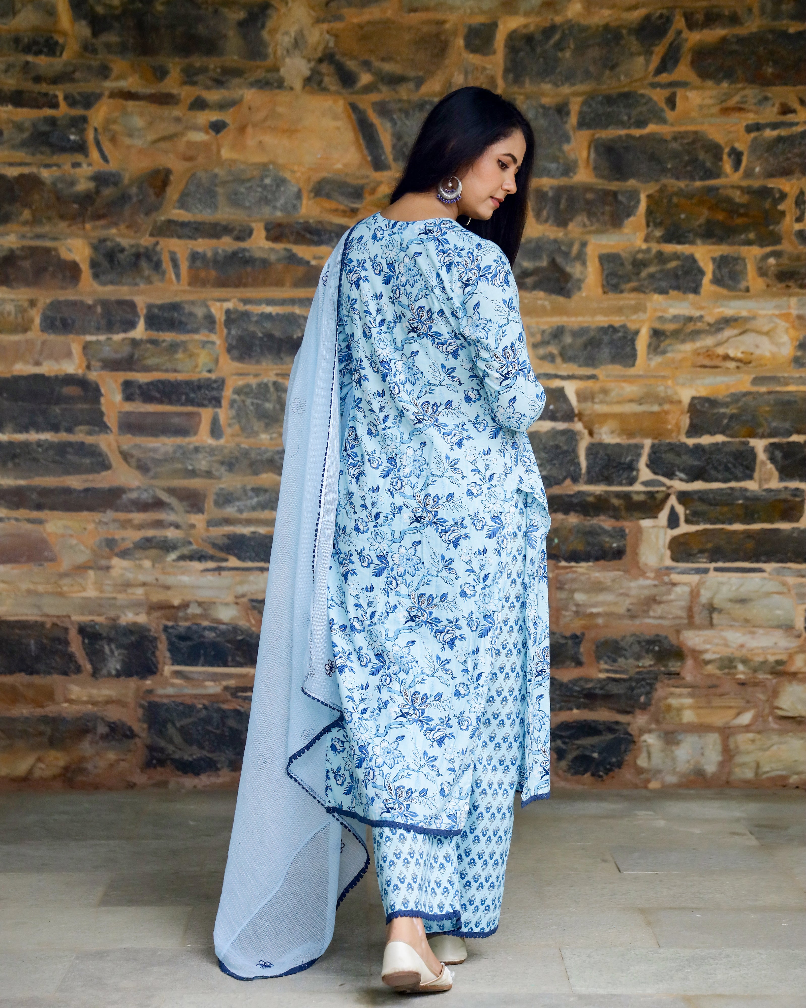 Aqua & Blue Block Printed Cotton Suit Set