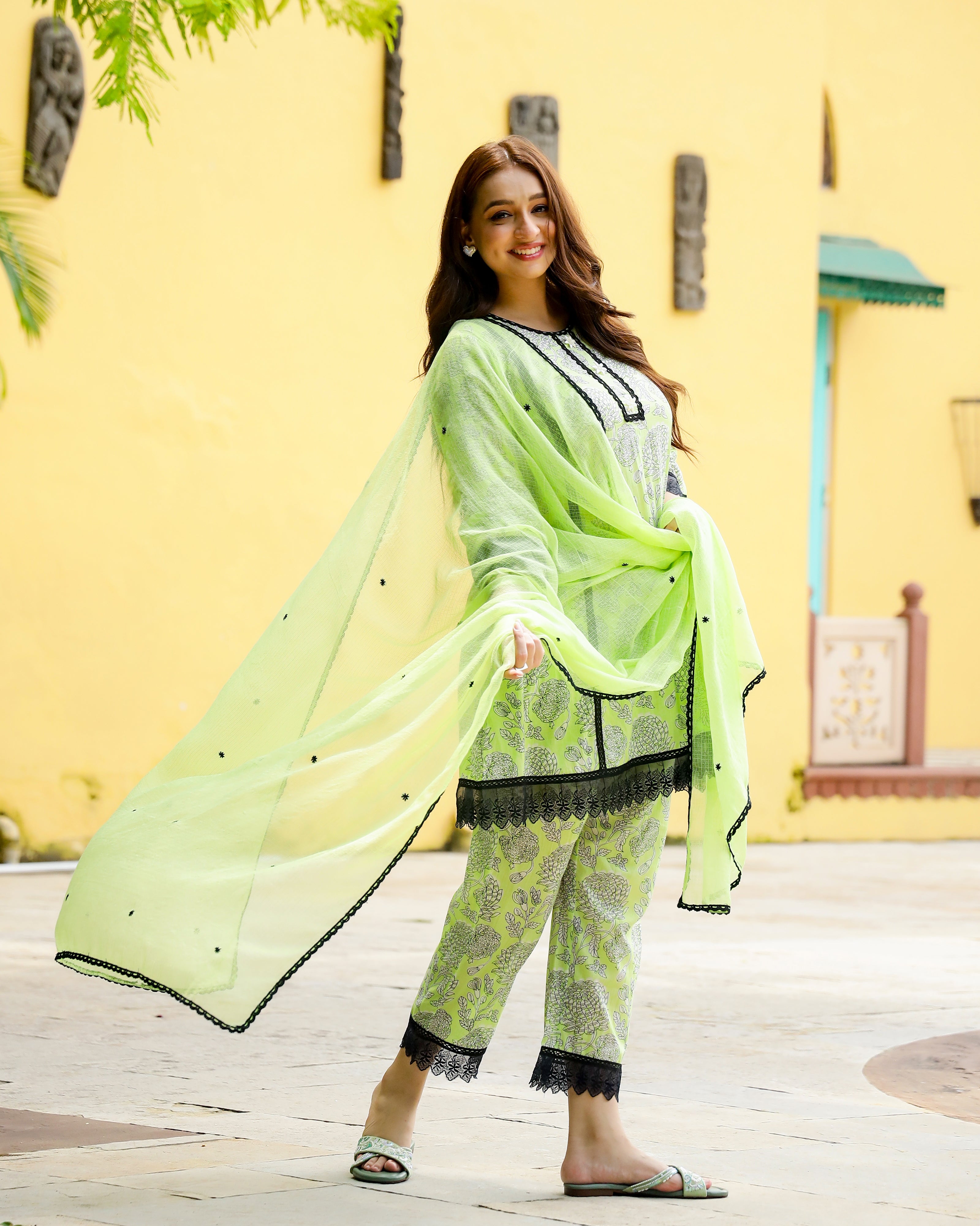 Green & Black Block Printed Cotton Suit Set