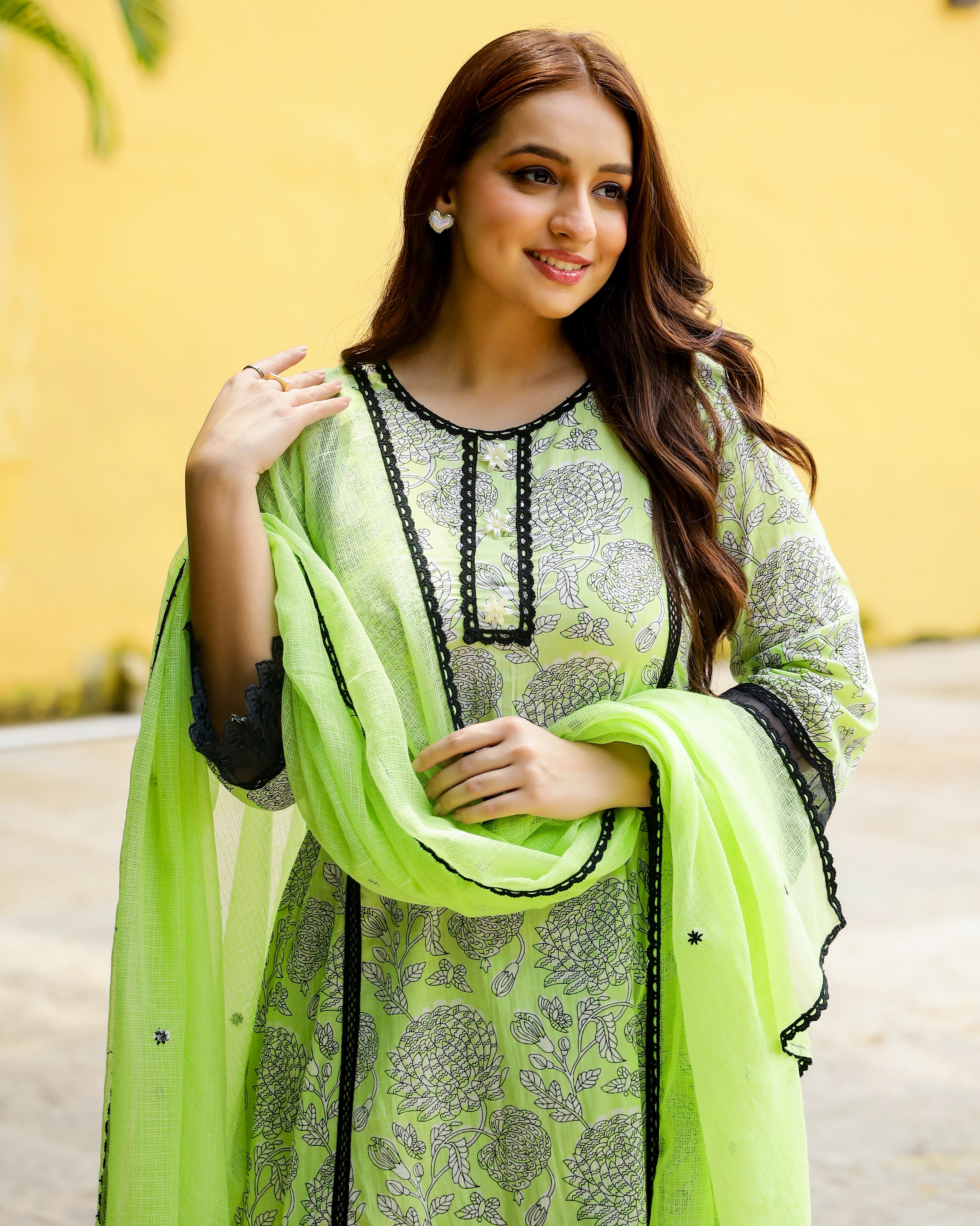 Green & Black Block Printed Cotton Suit Set
