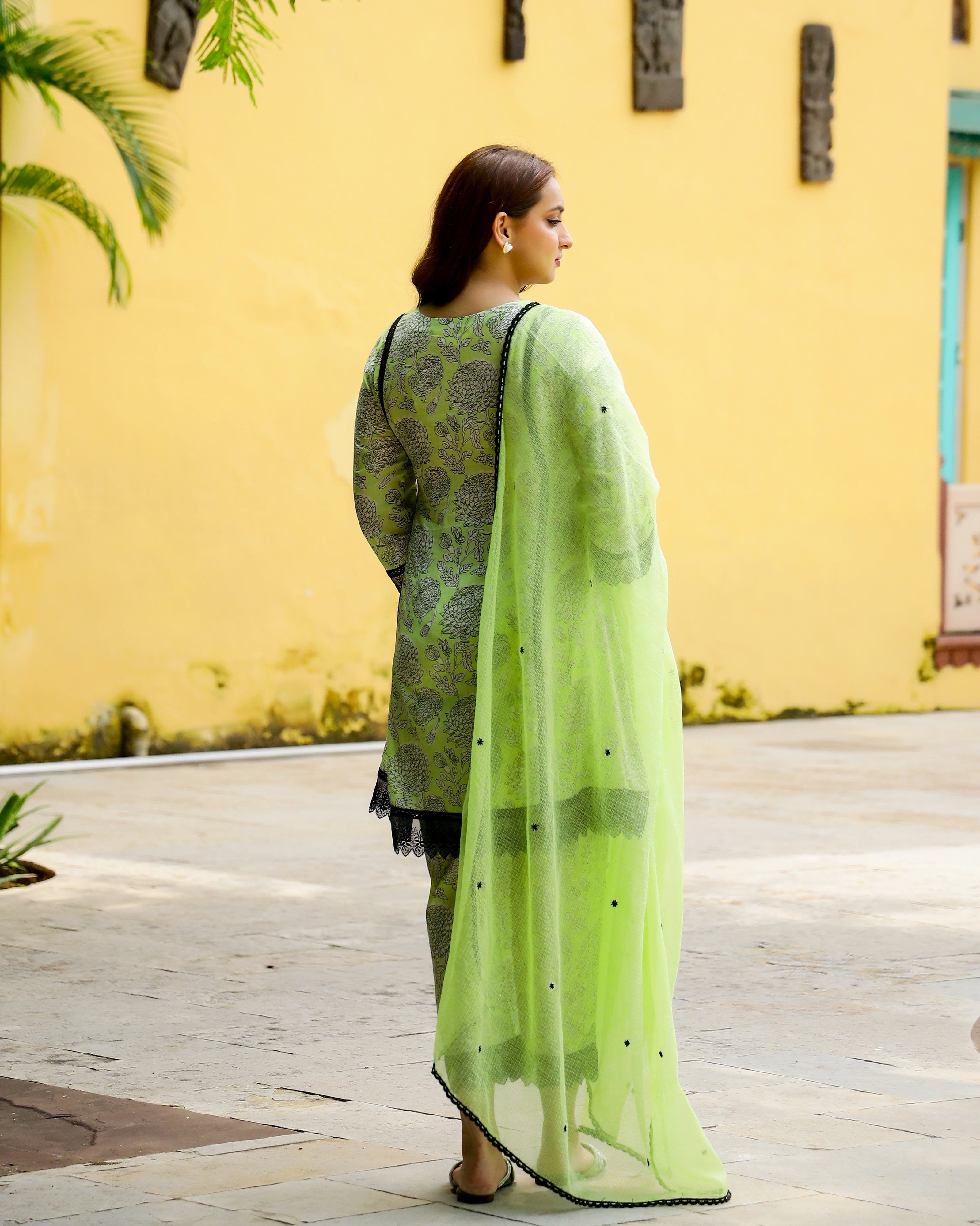 Green & Black Block Printed Cotton Suit Set