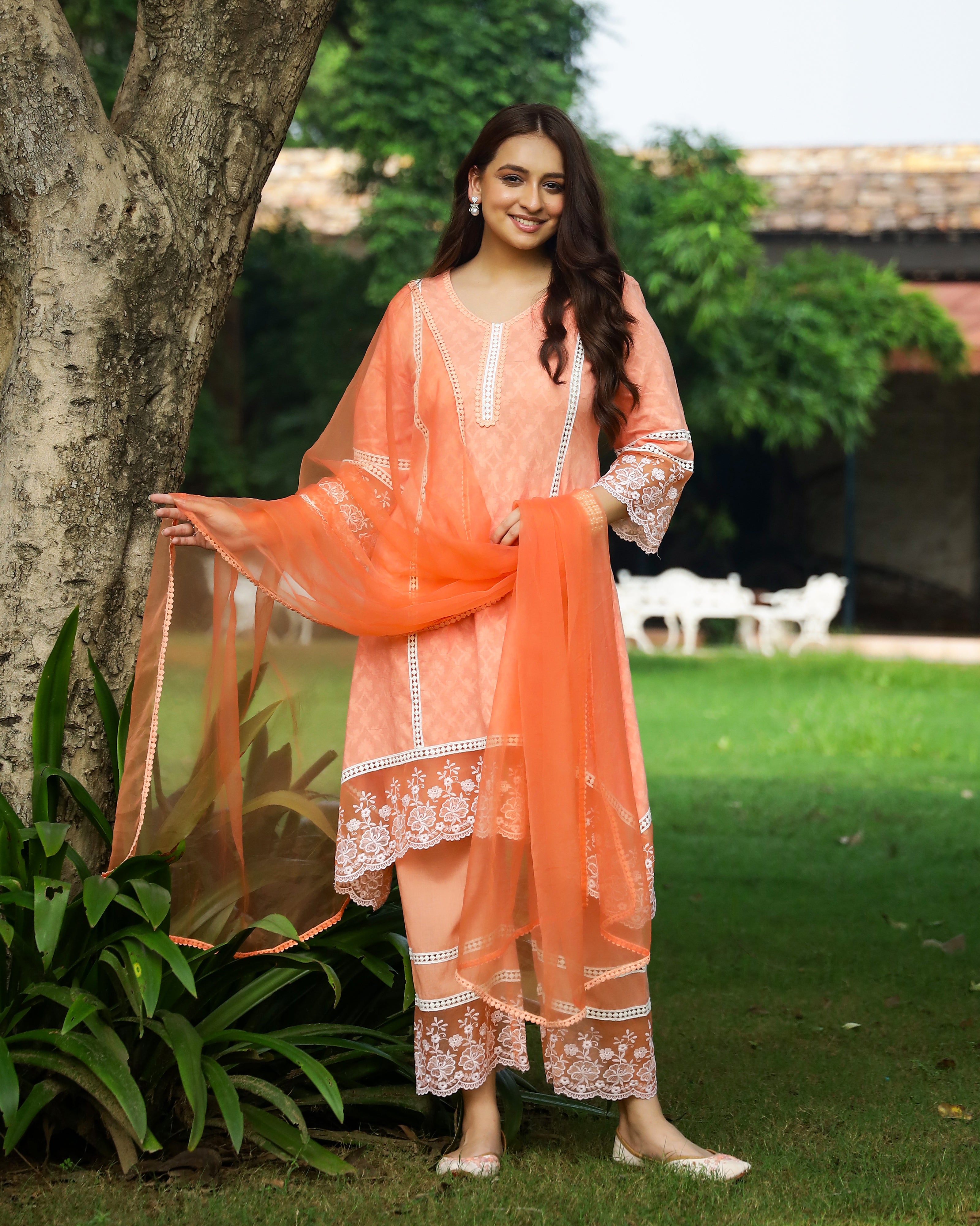 Peach Dobby Cotton Asymmetric Suit Set