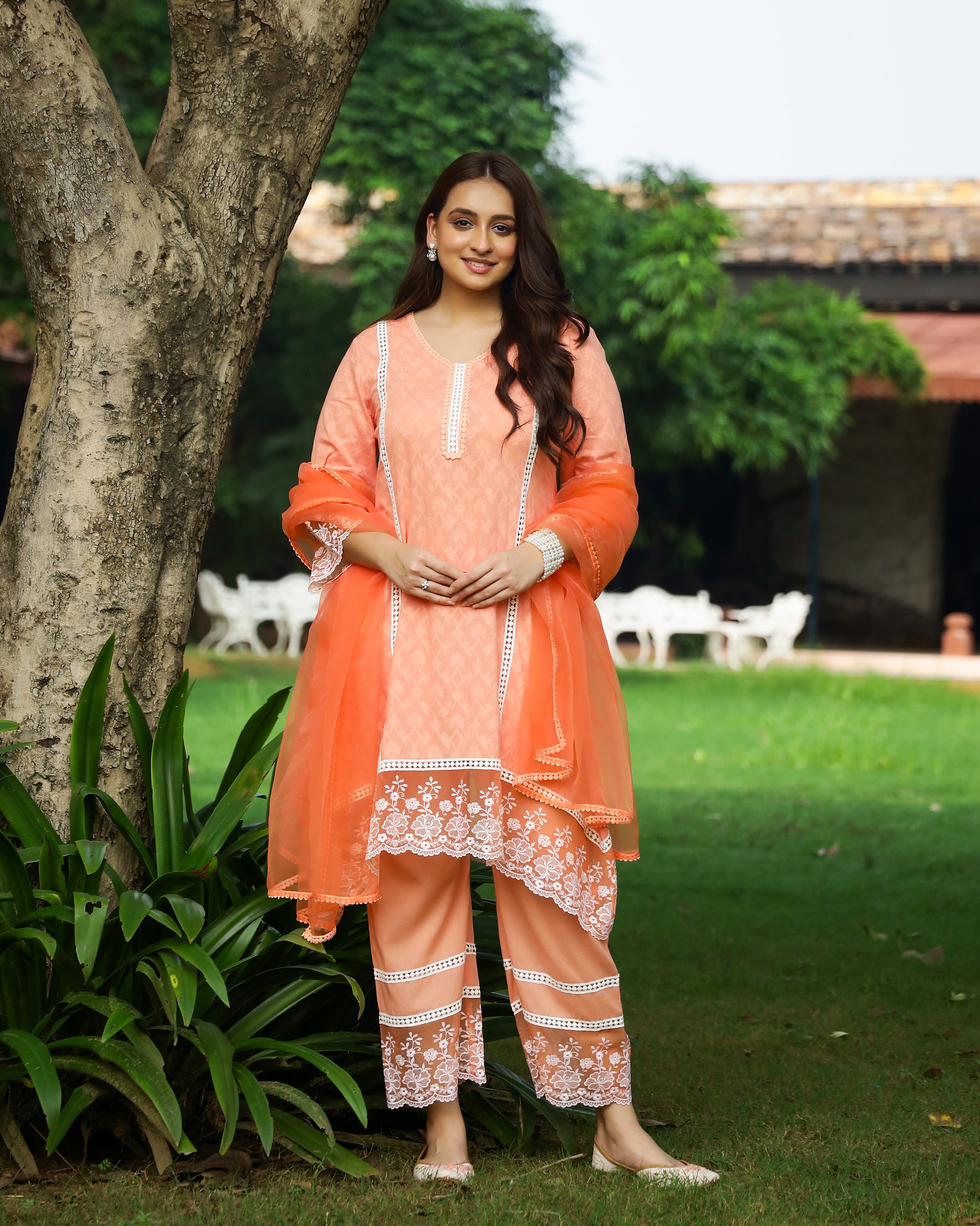 Peach Dobby Cotton Asymmetric Suit Set
