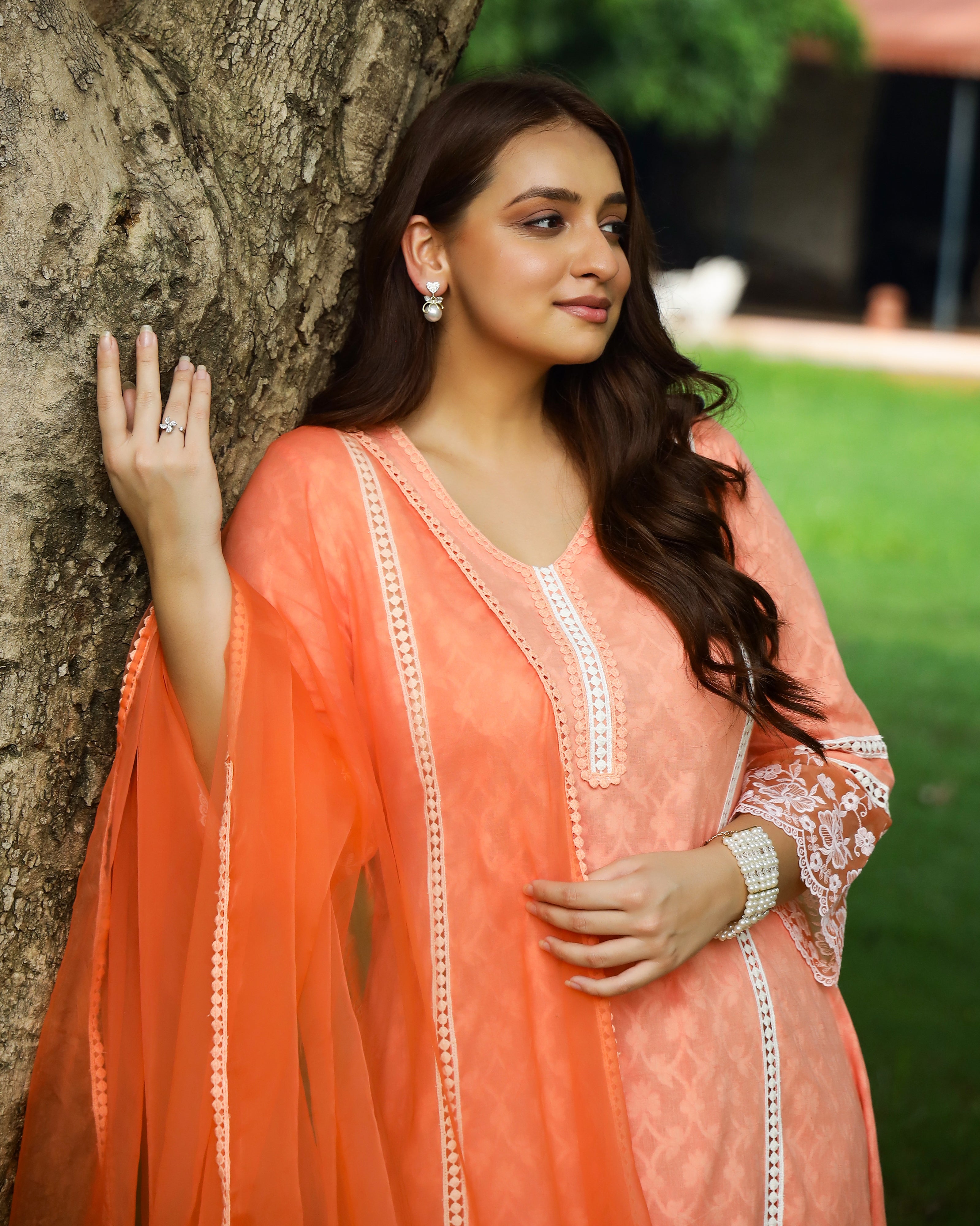 Peach Dobby Cotton Asymmetric Suit Set