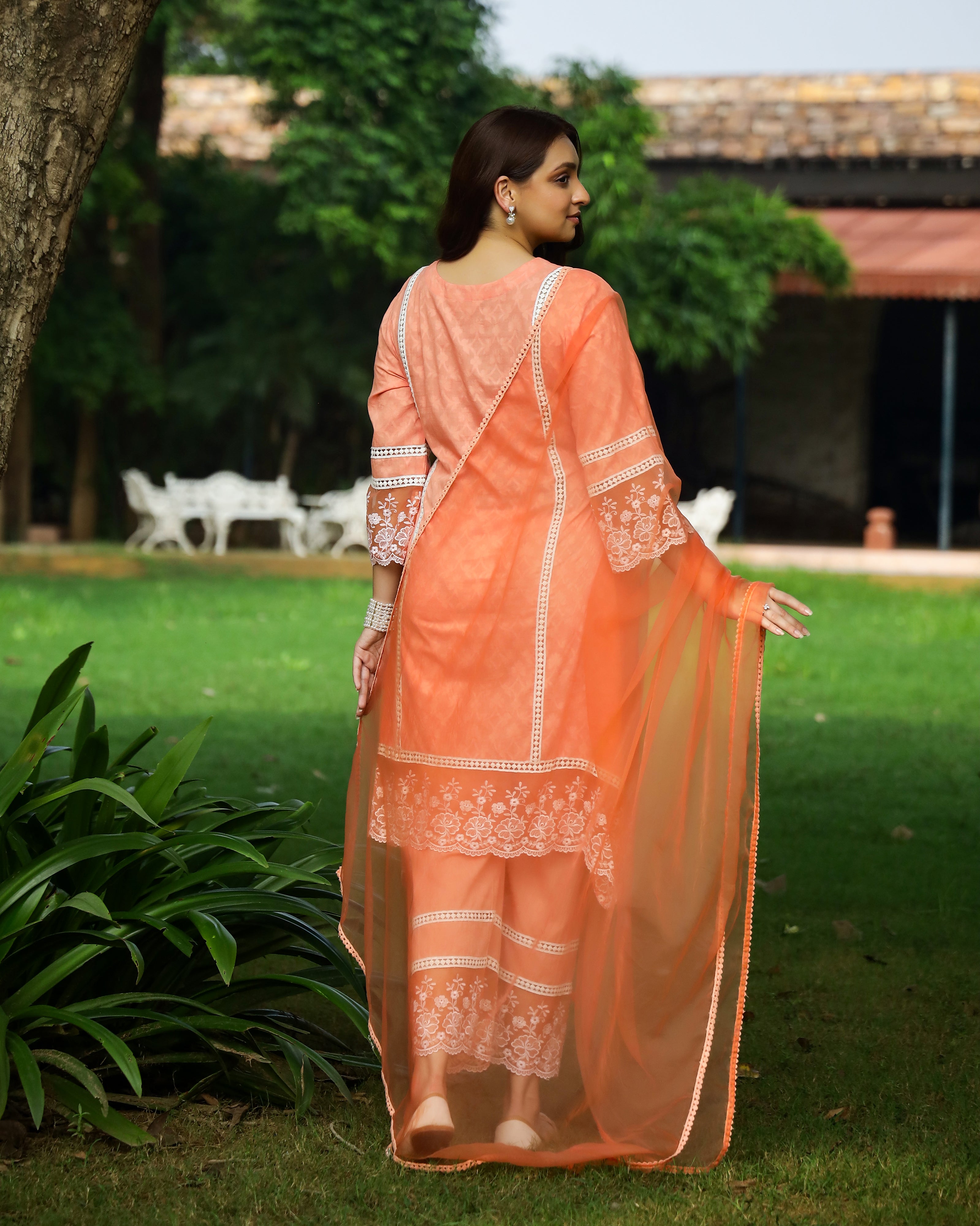 Peach Dobby Cotton Asymmetric Suit Set