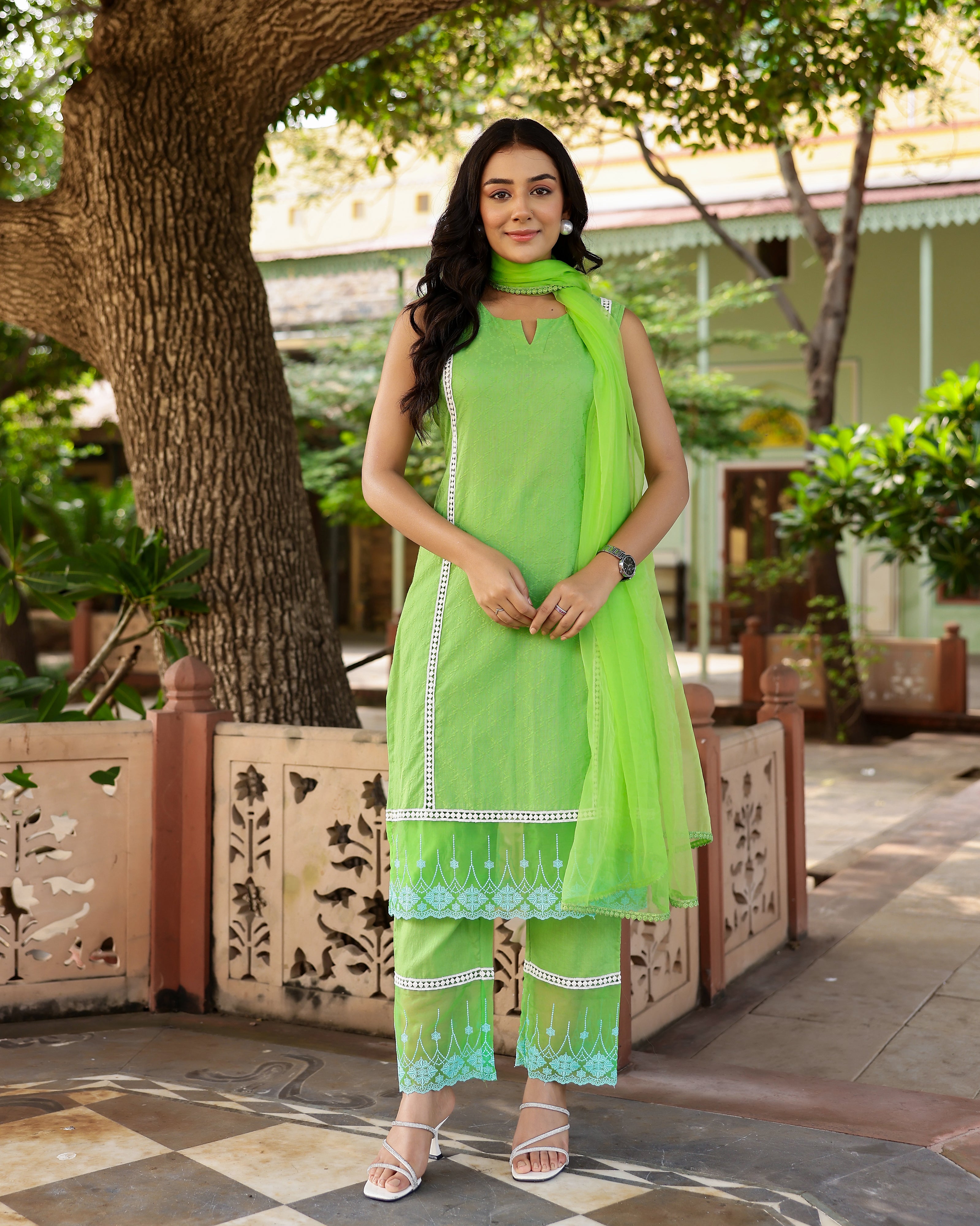 Green Dobby Cotton Straight Suit Set