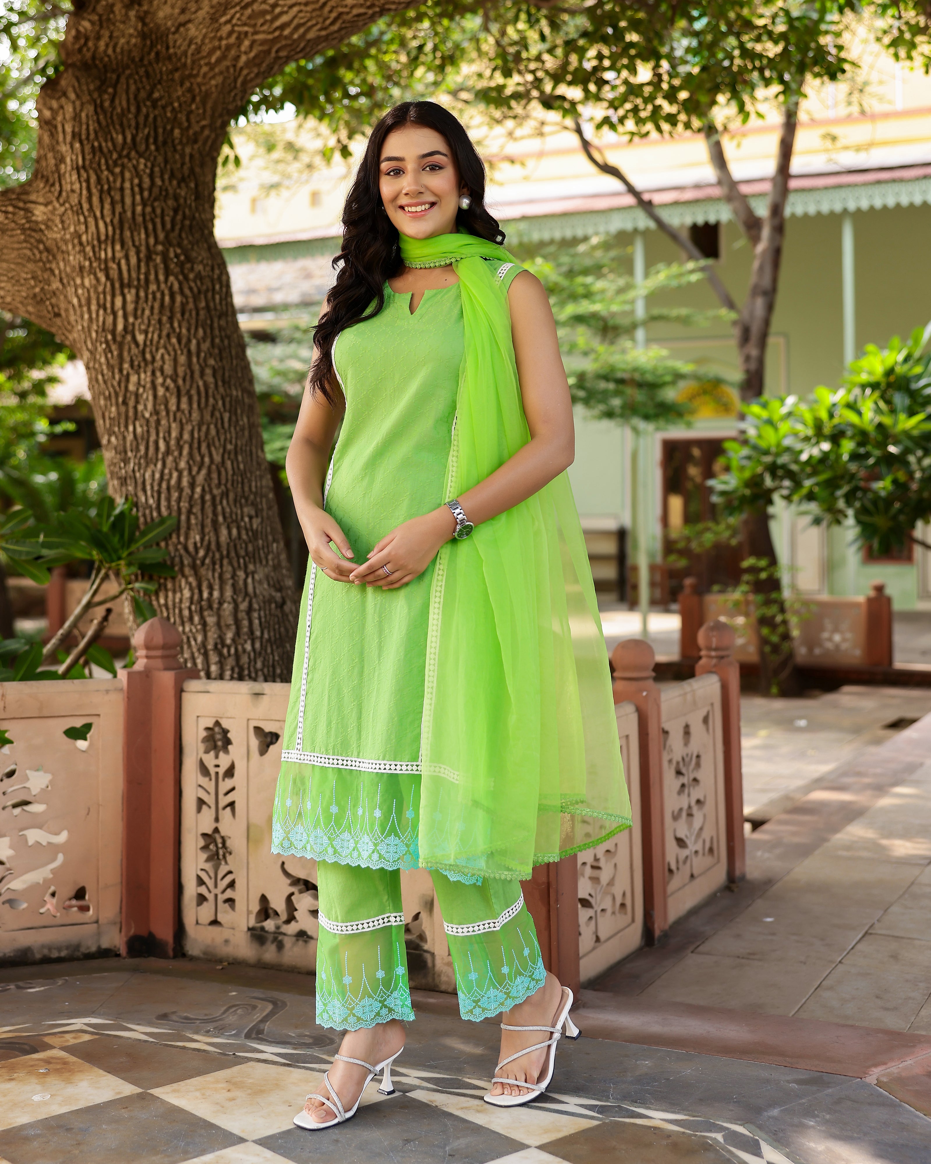 Green Dobby Cotton Straight Suit Set