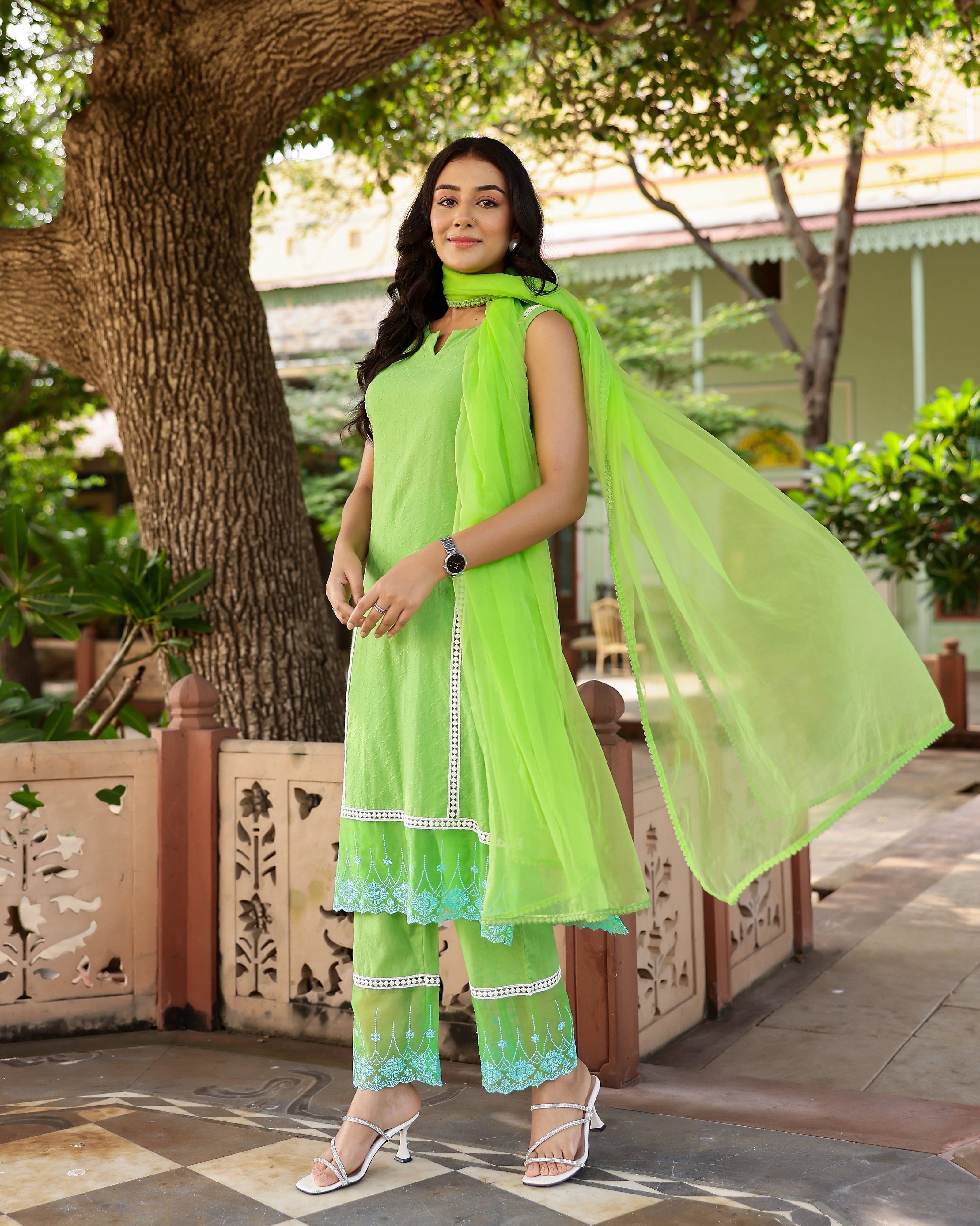Green Dobby Cotton Straight Suit Set